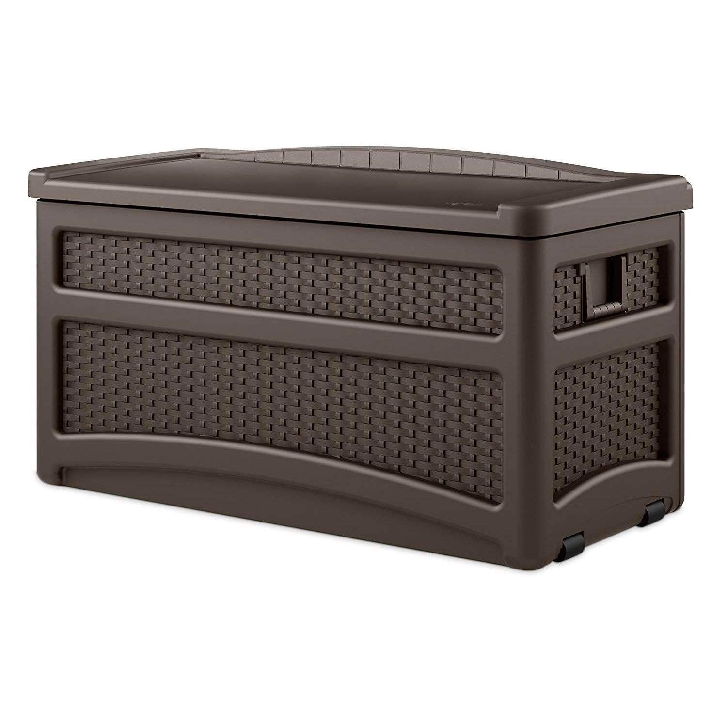 Suncast 73 Gallon Outdoor Patio Storage Chest with Handles & Seat - Java Brown (2 Pack) - Weatherproof Deck Box for Cushions, Pool Toys & Garden Tools Storage