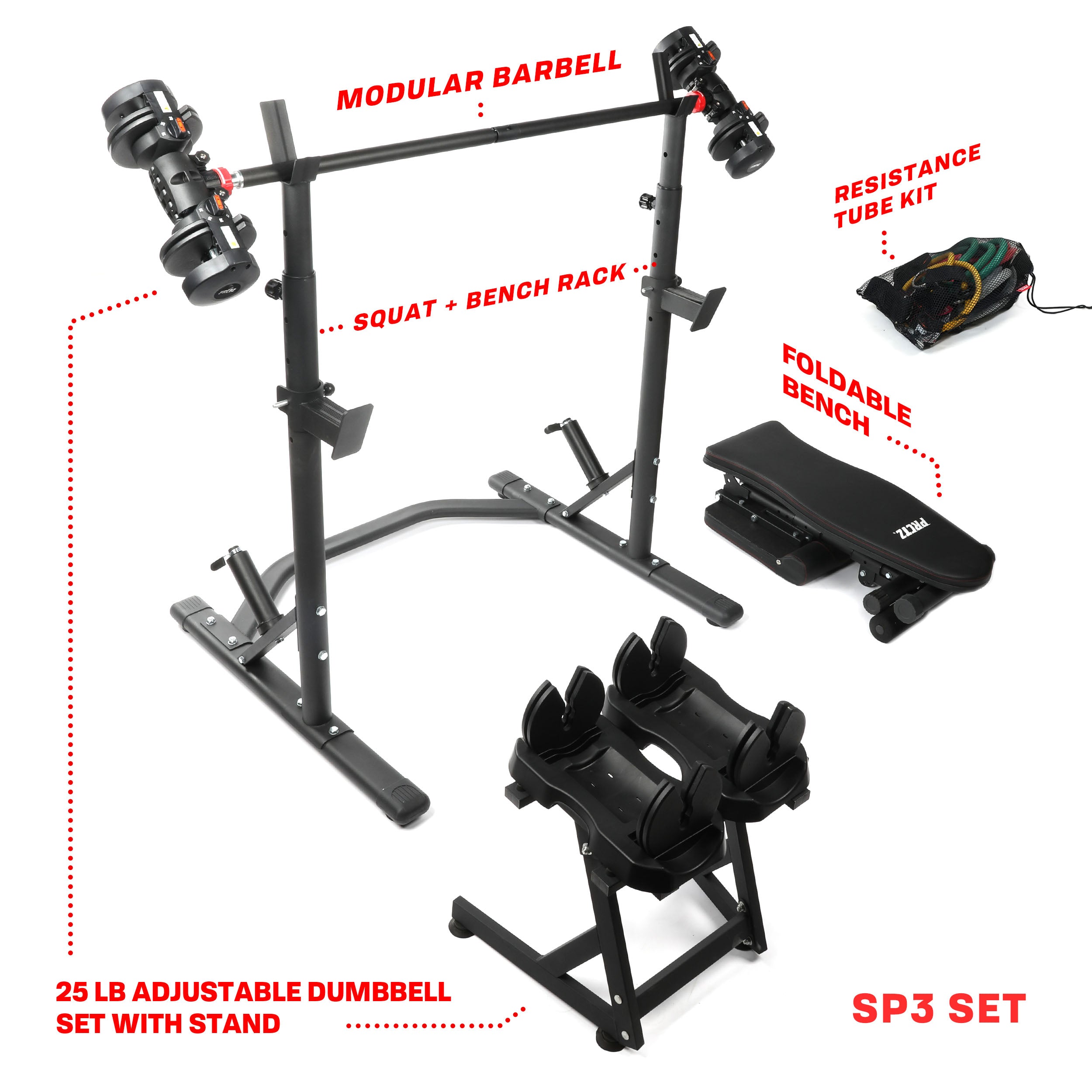 PRCTZ SP3 Home Gym Bundle – Olympic Weight Bench with Squat Rack, 6ft Modular Barbell, 10-30lb Adjustable Dumbbells & Resistance Bands – Perfect for Full-Body Workouts at Home