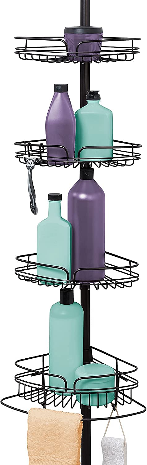**Bronze Shower Caddy Organizer with 4 Storage Baskets, Hooks, Razor Holder & Washcloth Bar – Space-Saving Tension Pole Corner Shelf for Bathroom, Shower & Bathtub Storage**