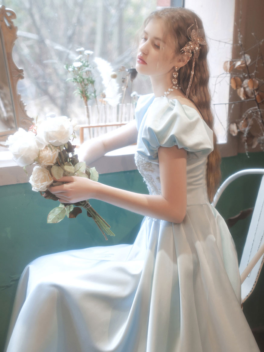 Elegant Light Blue Satin Lace Long Prom Dress - Formal Evening Gown for Homecoming, Wedding & Special Occasions