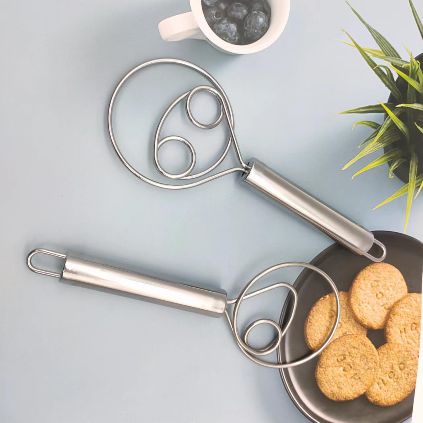 2 Pack Stainless Steel Dough Whisk Set - Dutch Style Pastry Blender & Bread Mixer for Baking Cookies, Cakes, Pizza Dough - Perfect for Home Bakers & Professional Kitchens (Silver)