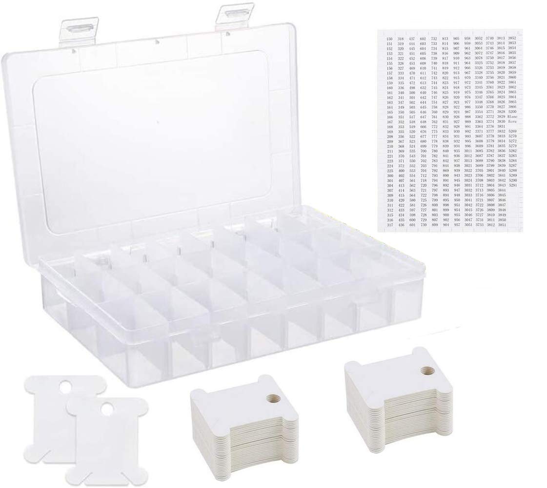 24-Slot Embroidery Floss Organizer Box with 50 White Plastic Bobbins & 552 Number Stickers - Cross Stitch Thread Storage for DIY Craft Projects, Sewing Kits, and Needlework Organization
