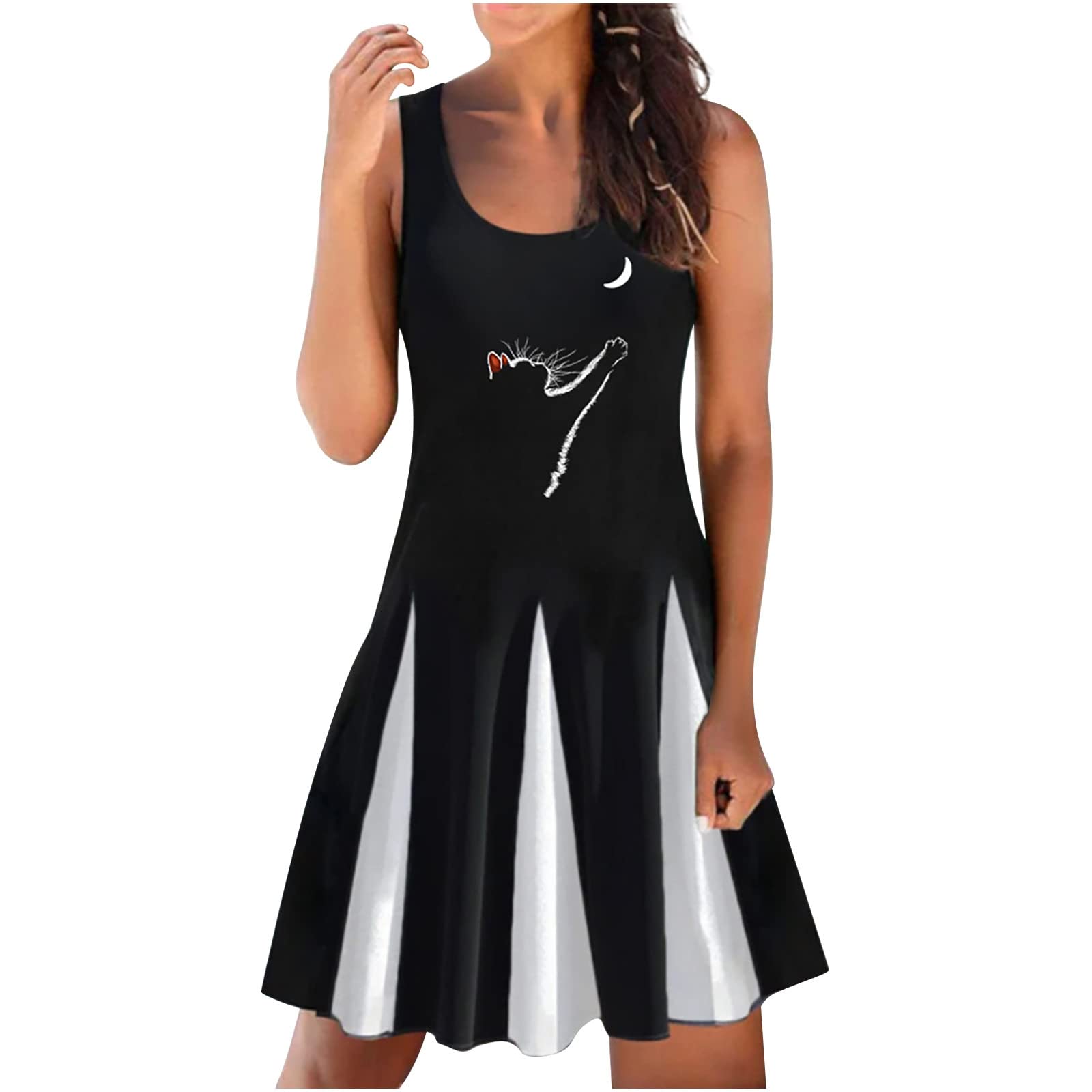Women's Sleeveless Vintage Floral Midi Dress - Casual Summer Colorblock Loose Boatneck Beach Party Dress for Outdoor Events, Vacations & Date Nights