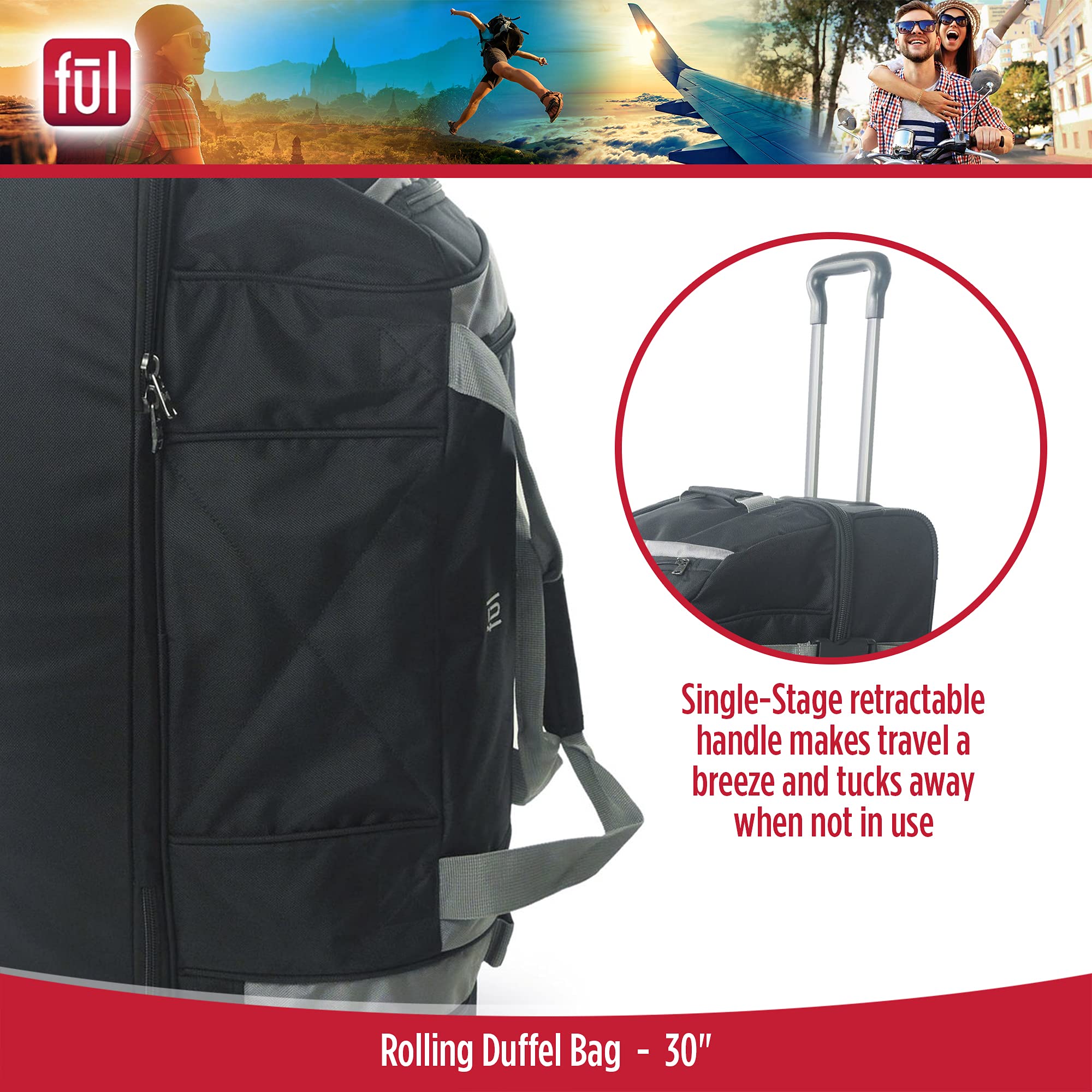 FUL Rig 30 Inch Rolling Duffel Bag - Large Wheeled Travel Luggage for Airplane, Cruise & Business Trips - Durable Spinner Suitcase with Smooth Wheels