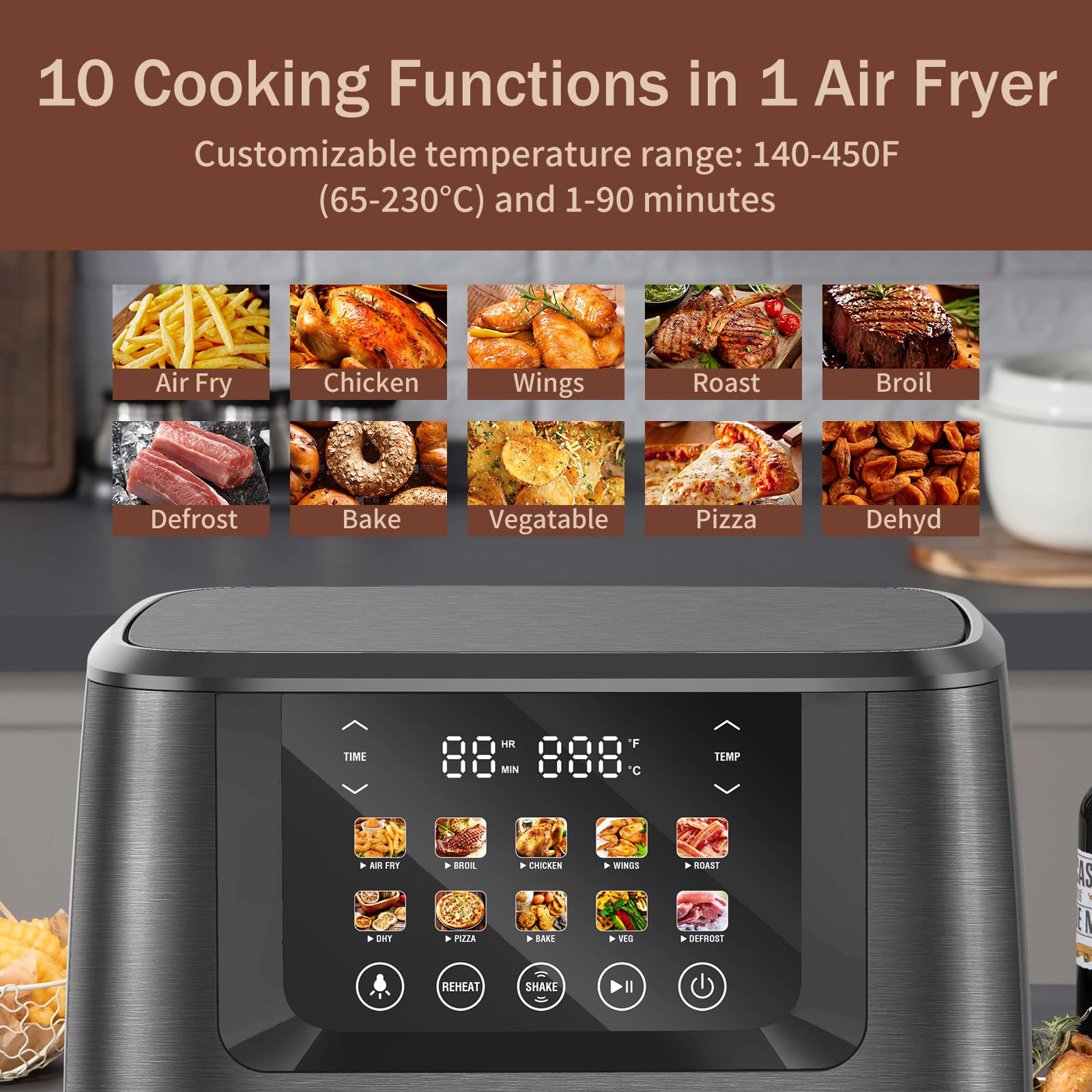 SEEDEEM Max XL 8-Quart Air Fryer Oven - 10-in-1 Countertop Convection Toaster Oven with LCD Touchscreen, Clear View Window - Bake, Roast, Broil, Dehydrate - Perfect for Family Dinners, Meal Prep & Healthy Cooking (Black)