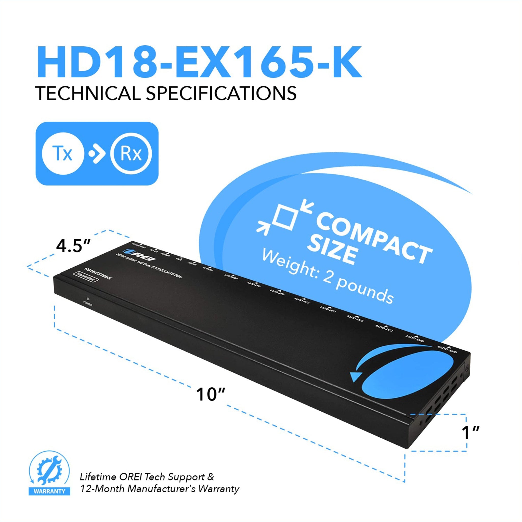 1x8 HDMI Extender Splitter Over CAT6/7 - 165ft Range with Loop Out, IR Control & EDID (HD18 EX165 K) - Perfect for Home Theater, Conference Rooms & Multi-Display Setups