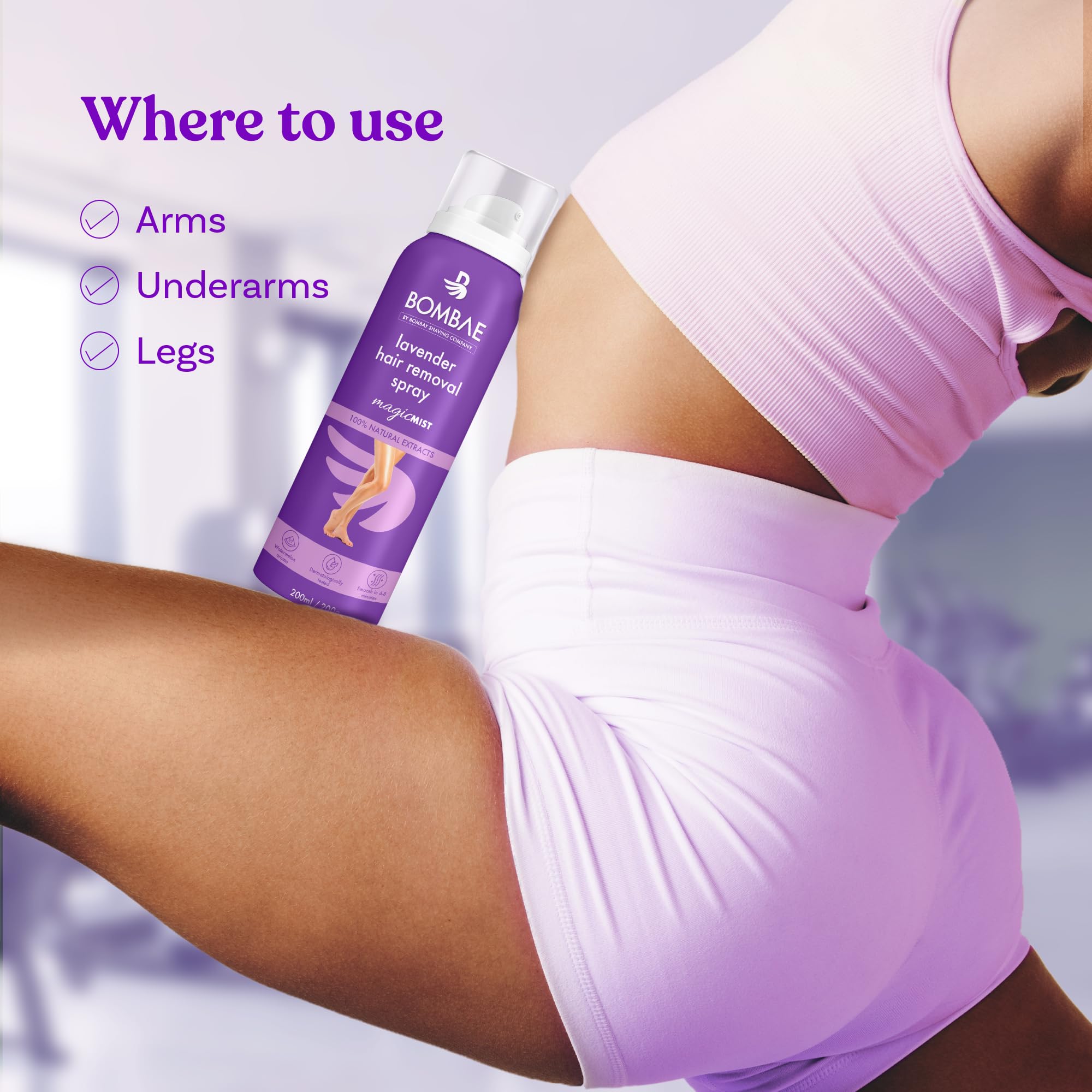 Bombae Lavender Hair Removal Spray Cream for Women - Painless Hair Removal for Arms, Underarms, Legs & Bikini Line | Sensitive Skin Safe & Dermatologist Tested | Quick & Easy At-Home Hair Removal Solution | Perfect for Smooth Skin Before Beach, Date Night or Special Occasions