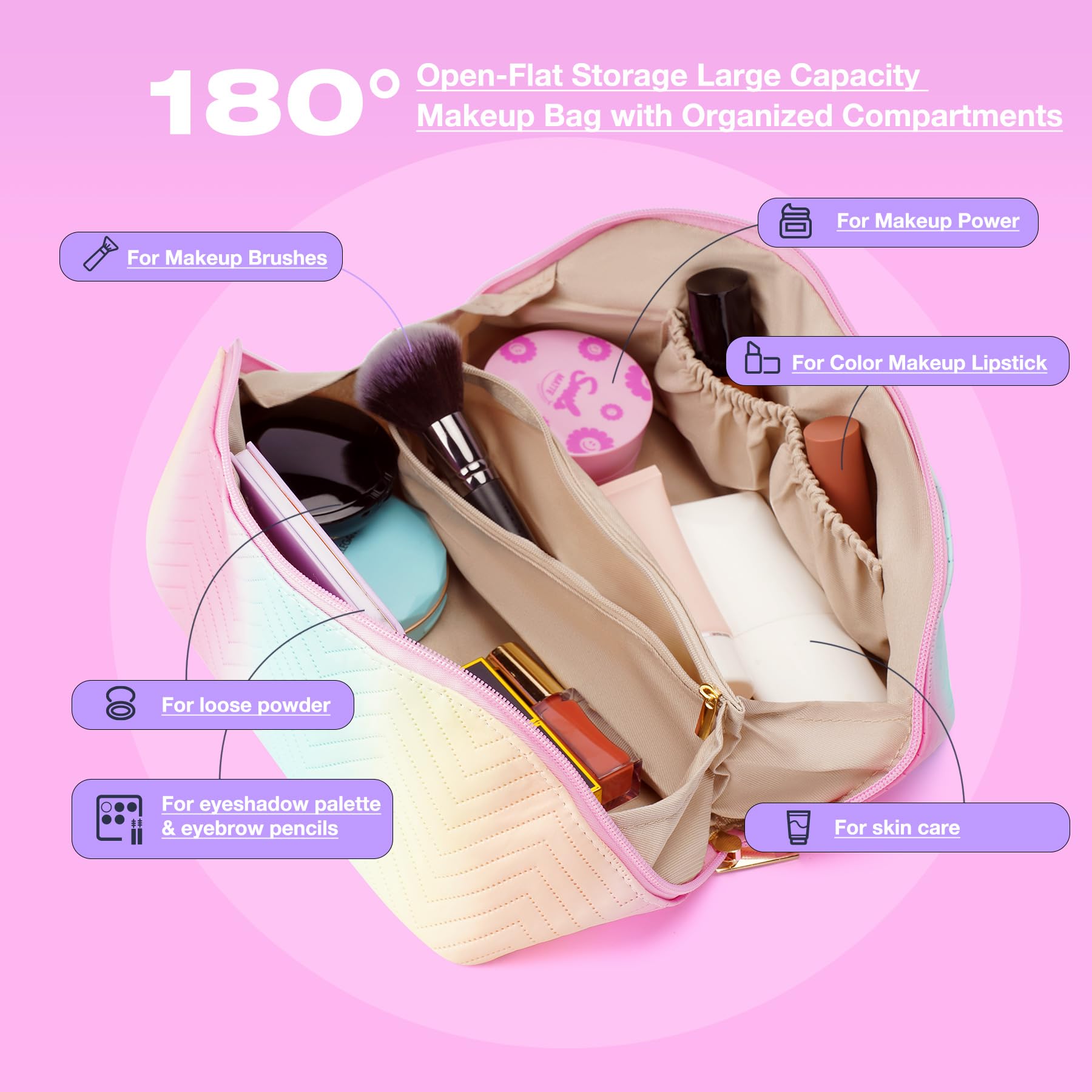 Large Capacity Waterproof Travel Makeup Bag for Women - PU Leather Cosmetic Organizer with Divider & Handle, Portable Toiletry Pouch for Travel, Gym, Vacation & Daily Use