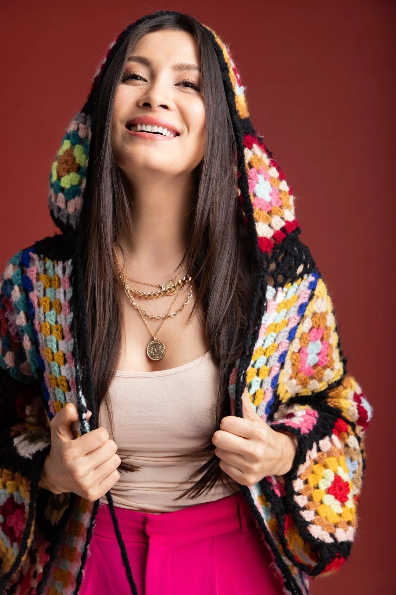 Stylish Hooded Granny Square Crochet Kimono Cardigan - Boho Chic Lace-Up Cover Up for Women - Perfect for Beach, Festival & Casual Wear