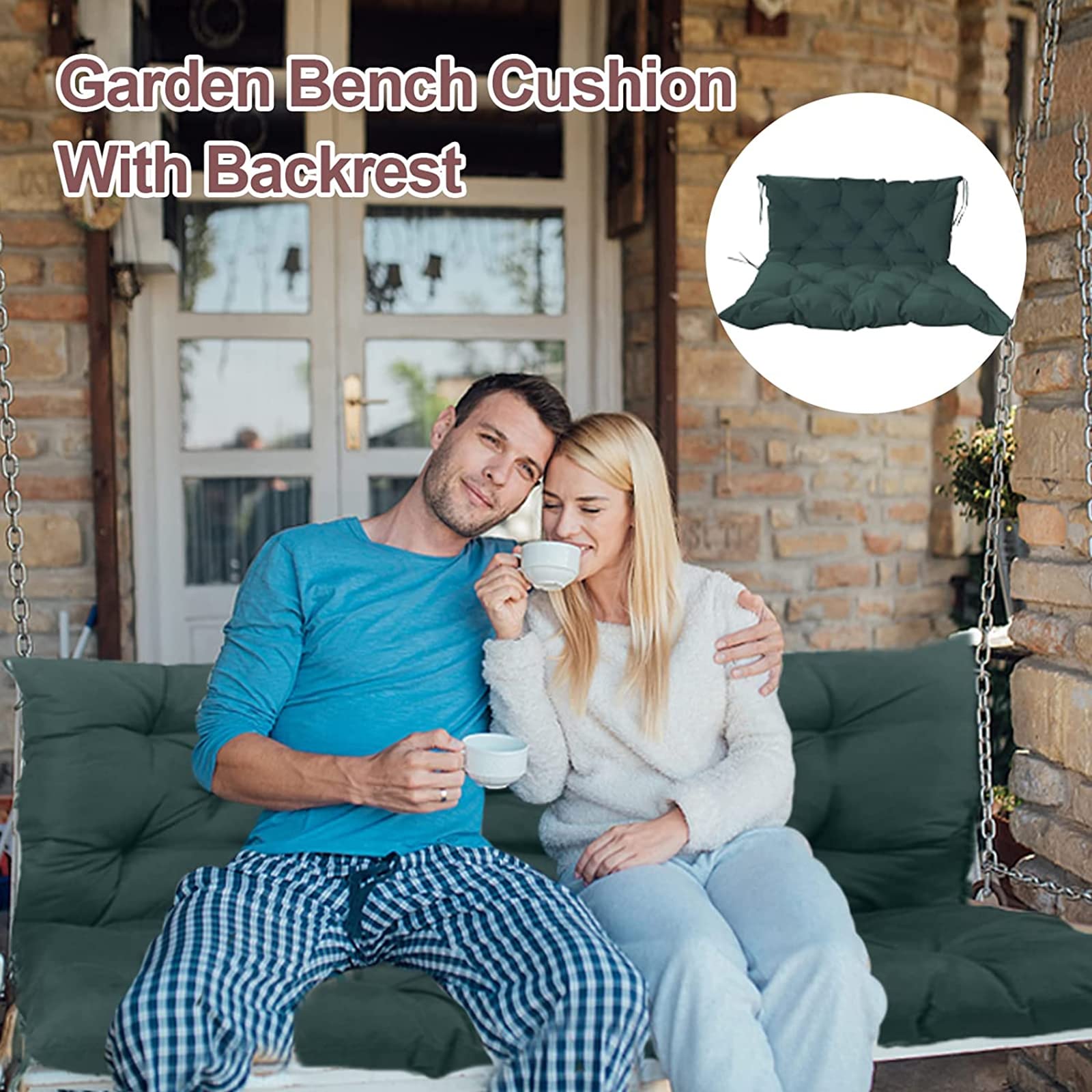 Outdoor Swing Cushions with Backrest - 3 Seater Replacement Cushion Waterproof with Tie - Thick Garden Bench Cushion for Patio Loveseat/Settee (Dark Green 59