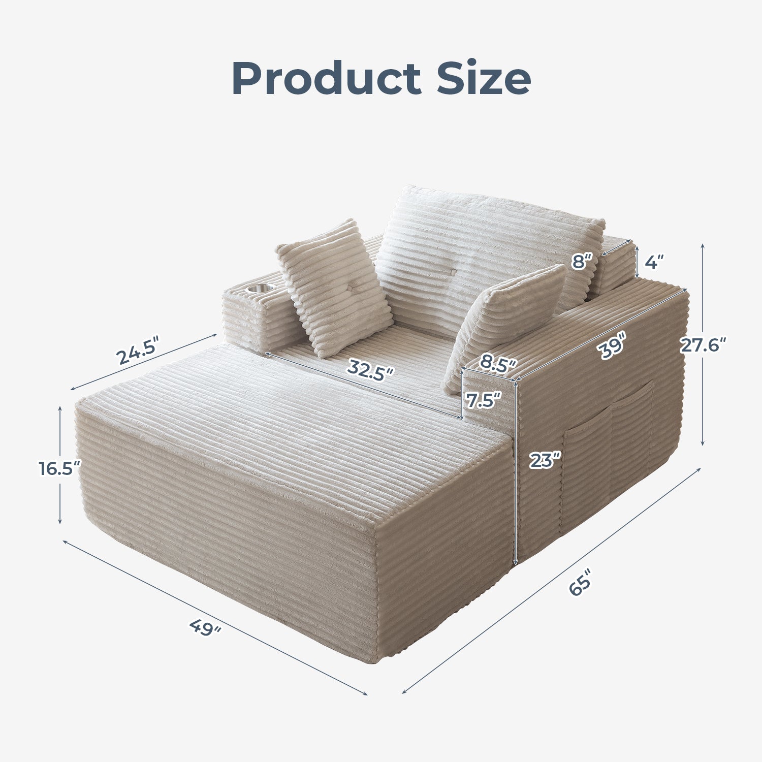 MAXYOYO 65x49 Inch Chaise Lounge Chair - Modular Sleeper Sofa with Pillows for Living Room & Bedroom, Grey - Perfect for Small Spaces, Home Theater & Guest Rooms