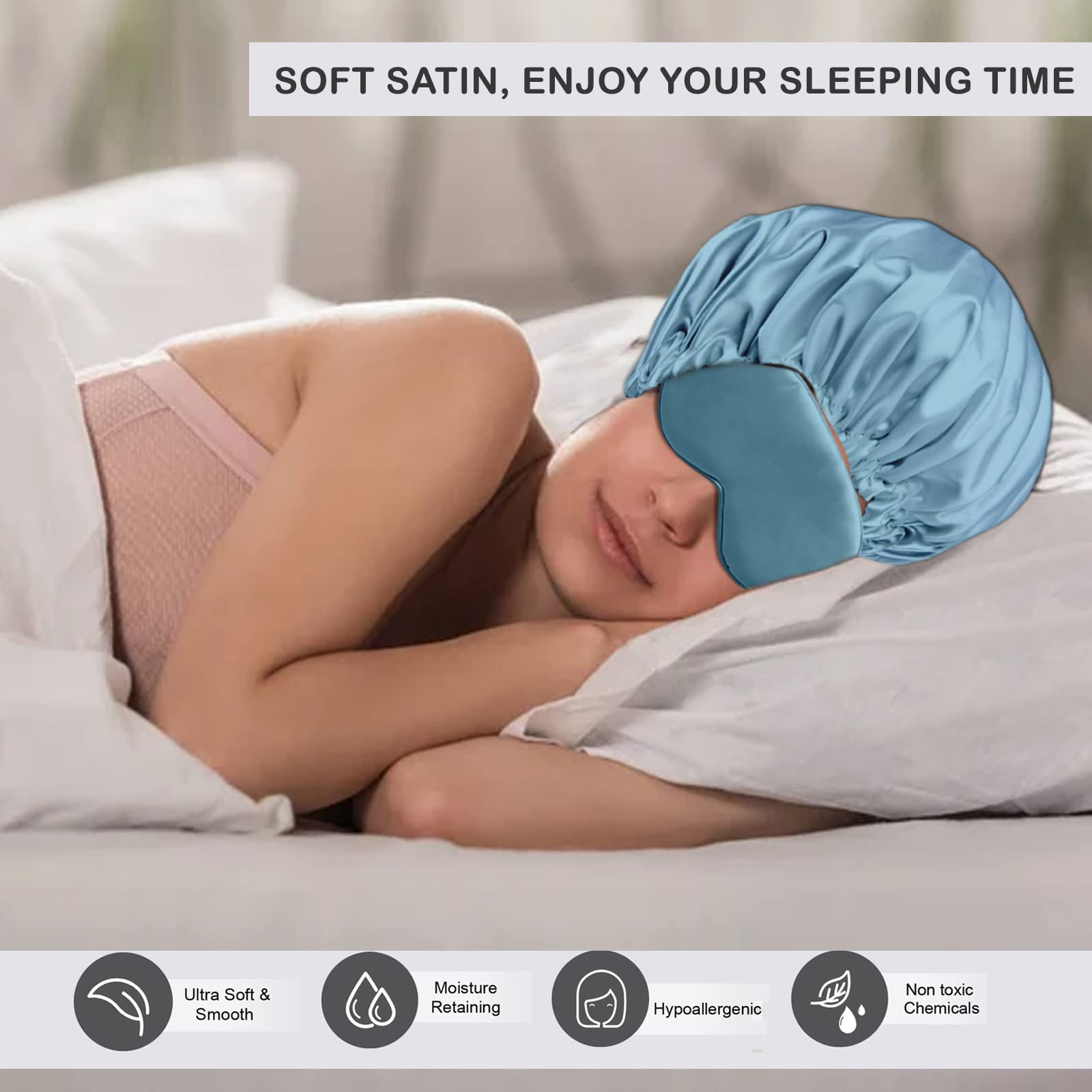 Avirons Pure Satin Silk Hair Bonnet Cap for Women & Girls - Double Layer Sleeping Hair Cover with Scrunchies & Eye Mask | Soft Hair Protection for Nighttime, Travel & Home Use | Prevents Breakage & Frizz