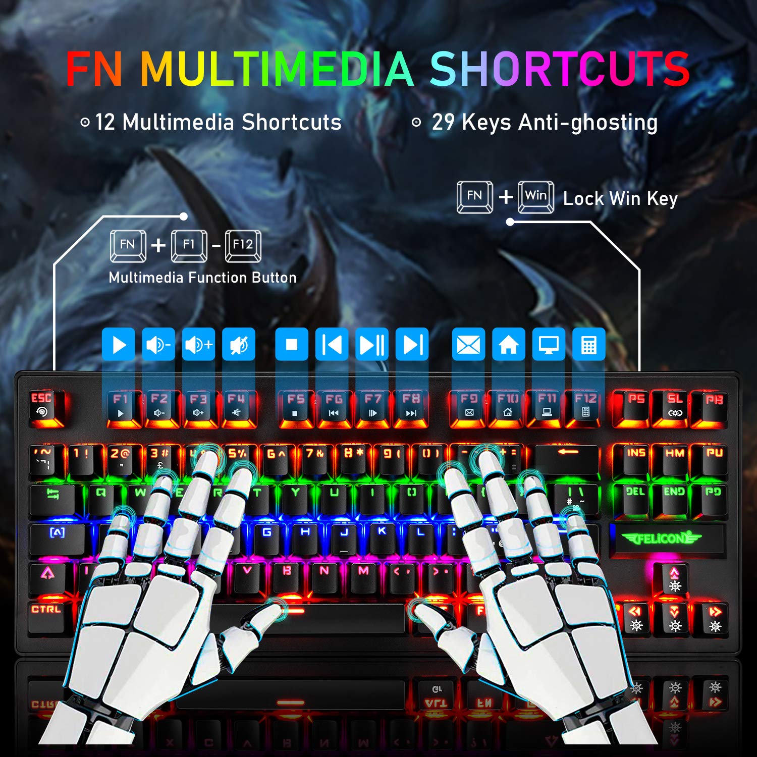 K2 UK Layout Gaming Keyboard and Mouse Set - 80% TKL Wired Mechanical Keyboard with 88 Keys, Clicky Optical Blue Switches, Rainbow Backlit, Lightweight PS4 Gaming Mouse & Mouse Pad for PC/MAC (Black) - Perfect for Esports, Streaming & Office Work
