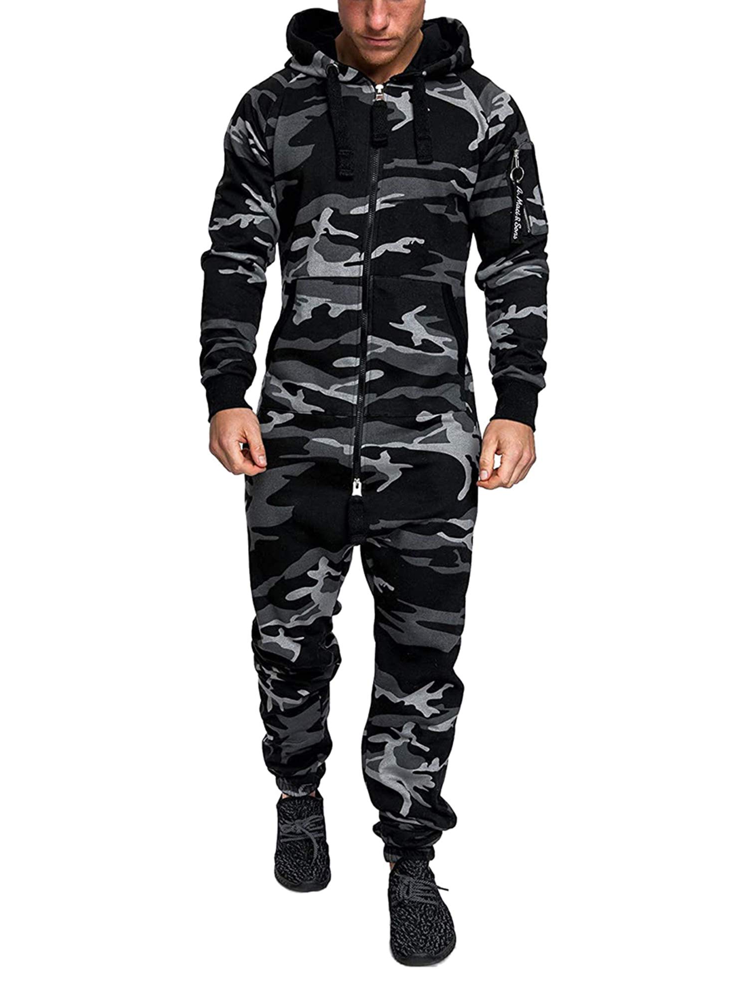 Men's Camouflage Hooded Jumpsuit - Slim Fit Long Sleeve Tracksuit for Casual Wear & Outdoor Activities | Warm Activewear for Running, Hiking & Street Style