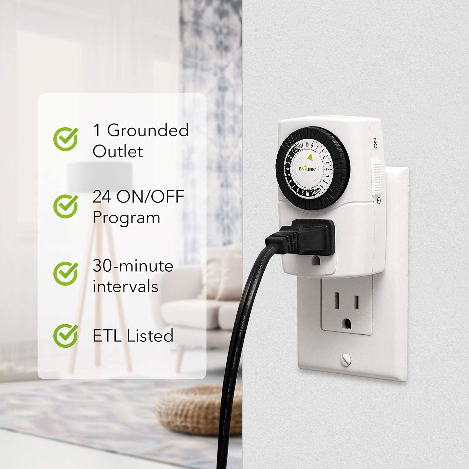 BN-LINK 24 Hour Indoor Mechanical Outlet Timer Plug - 2 Pack with 3-Prong (U47) & 2-Prong (U44) Adapters - Perfect for Lights, Pumps, and Holiday Decorations