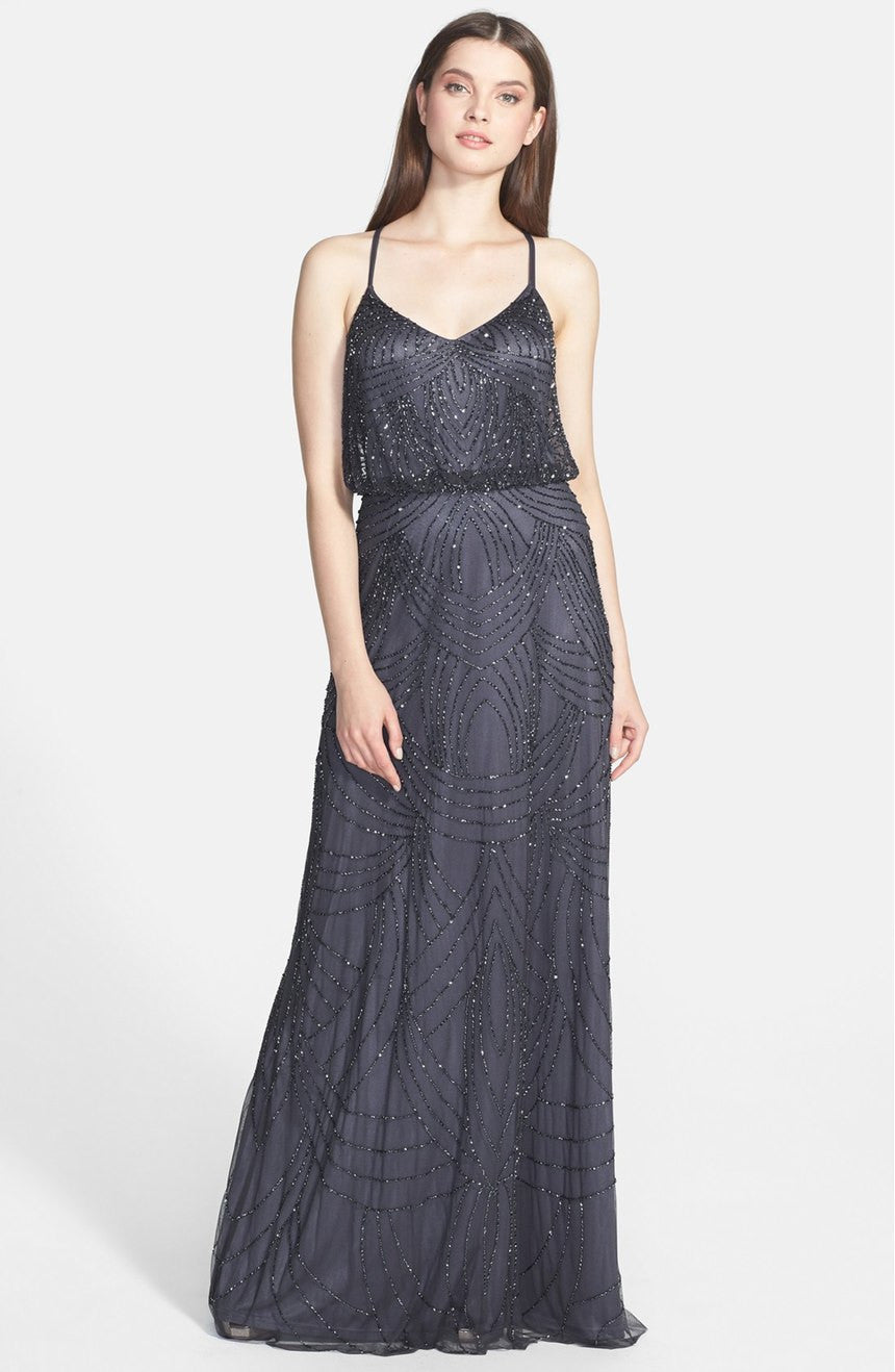 Adrianna Papell Beaded Chiffon Blouson Gown in Gunmetal - Elegant Formal Dress for Weddings, Galas & Special Occasions
