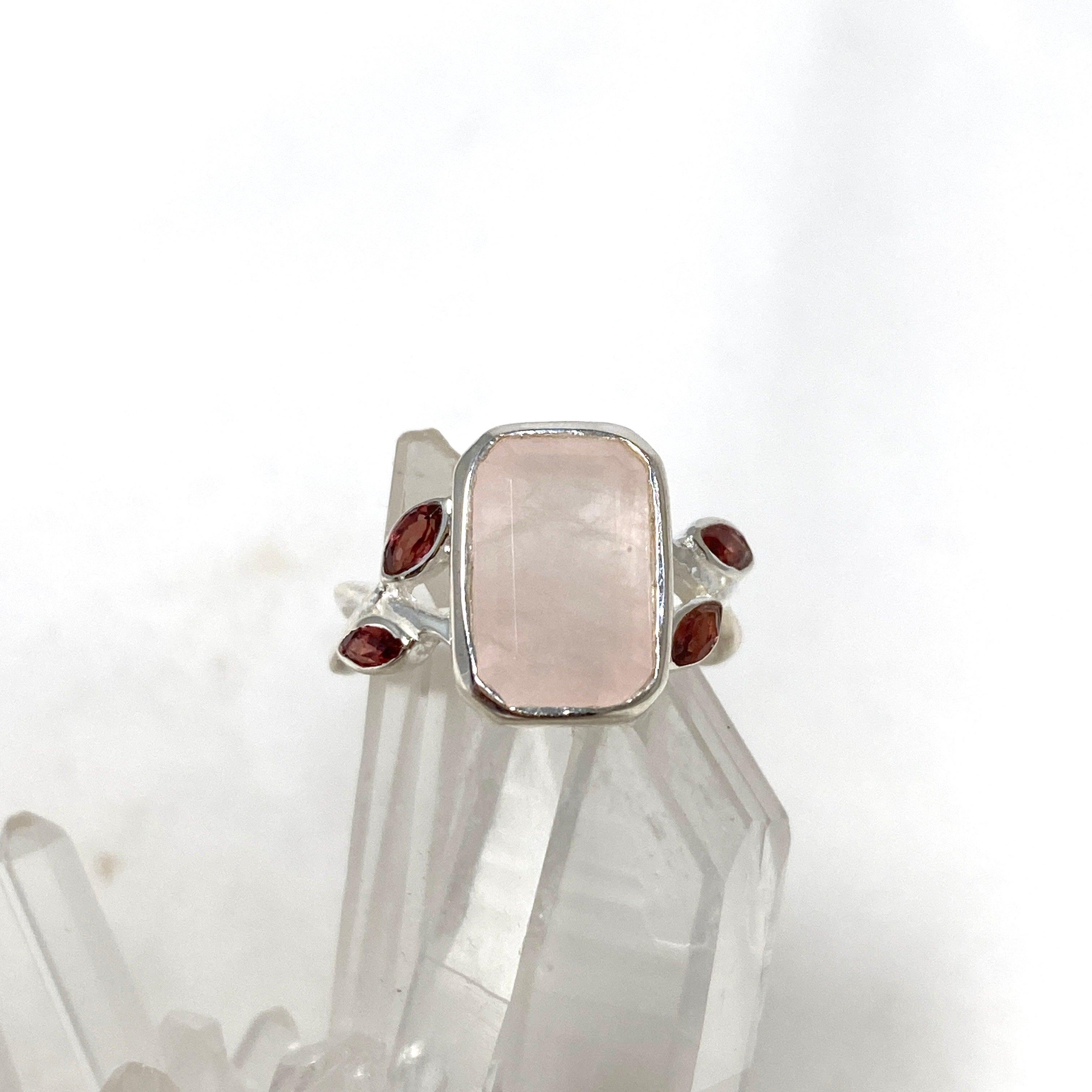 Rose Quartz Faceted Rectangular Multistone Ring with Botanical Details R3806 - Elegant Healing Crystal Jewelry for Women, Perfect for Meditation, Yoga & Spiritual Gifts