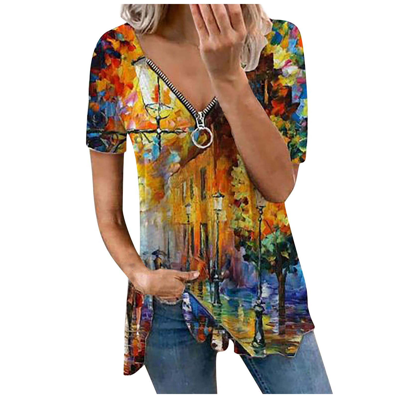 Women's Striped Print V-Neck Zipper Tunic Tee - Casual Short Sleeve Loose Blouse for Everyday Wear, Work & Outfits