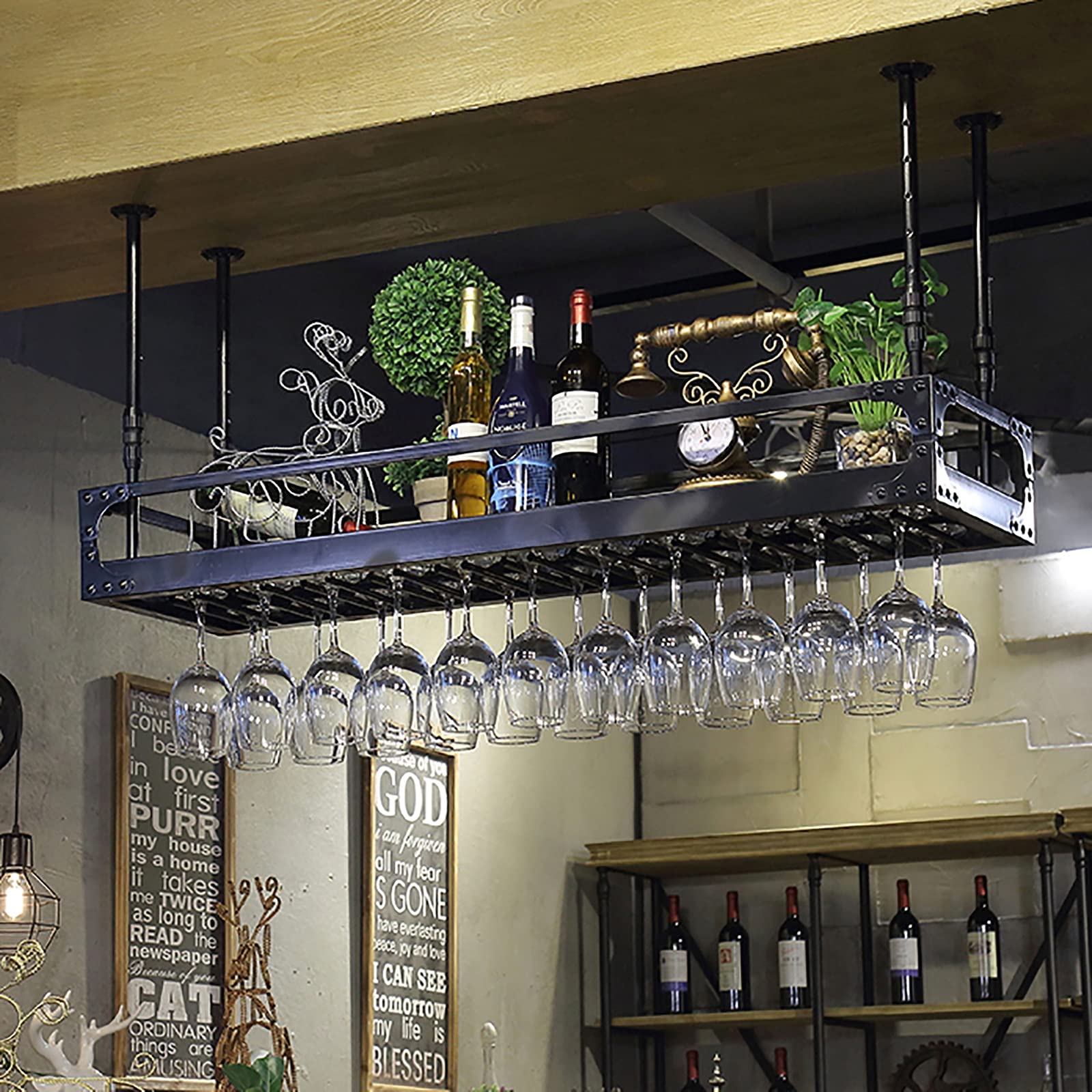 FAFZ Rustic Iron Ceiling & Wall Mounted Wine Rack - Hanging Wine Glass Holder with Upside Down Storage - Perfect for Bars, Restaurants, Home Kitchens & Wine Cellar Decor
