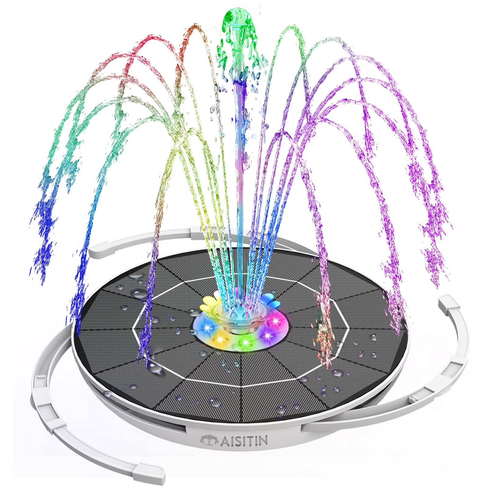 AISITIN 6.5W Solar Powered Fountain Pump with 8 Color LED Lights - Multiple Nozzles & 3 Adjustable Stands - Solar Bird Bath Fountain for Garden, Pond, Pool, Fish Tank - Perfect for Outdoor Decor & Attracting Birds