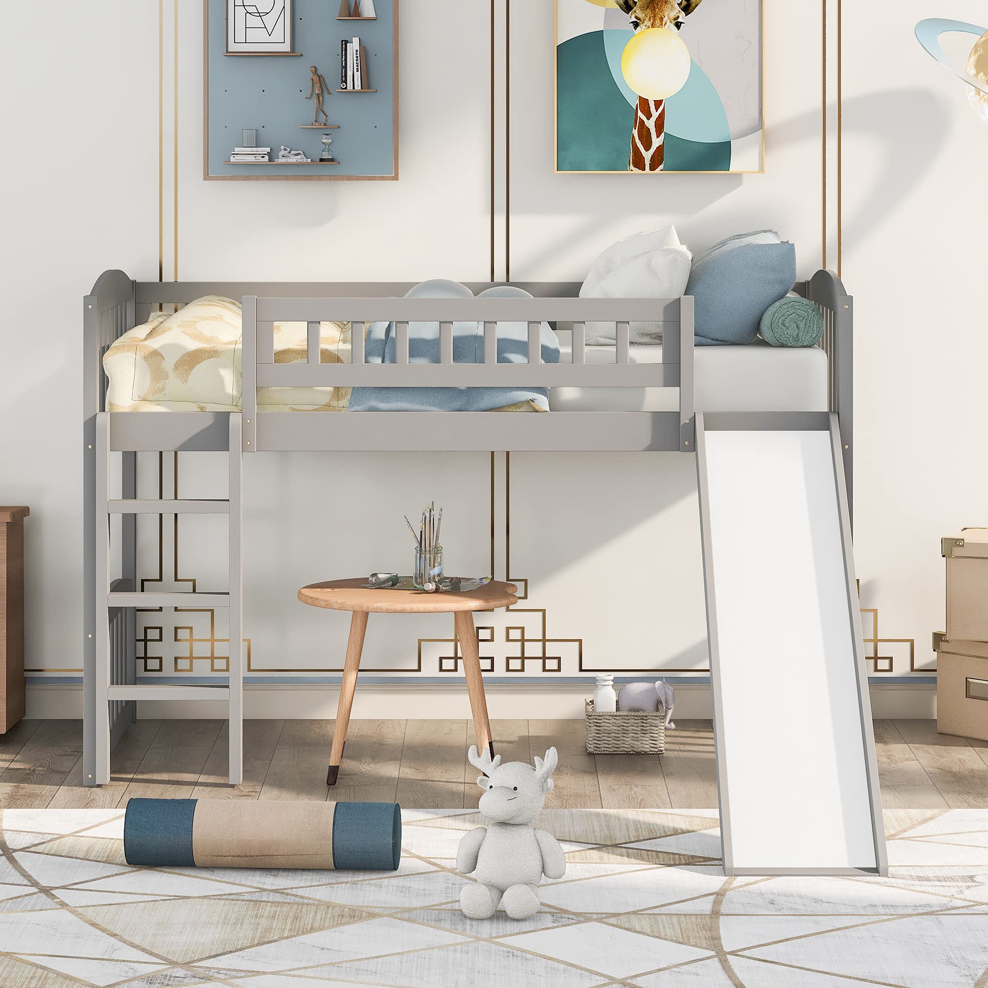Harper & Bright Designs Wooden Twin Loft Bed for Kids with Slide and Ladder - Low Loft Toddler Bed Frame in Gray - Perfect for Small Bedrooms, Playrooms & Kids' Rooms (Twin Size)