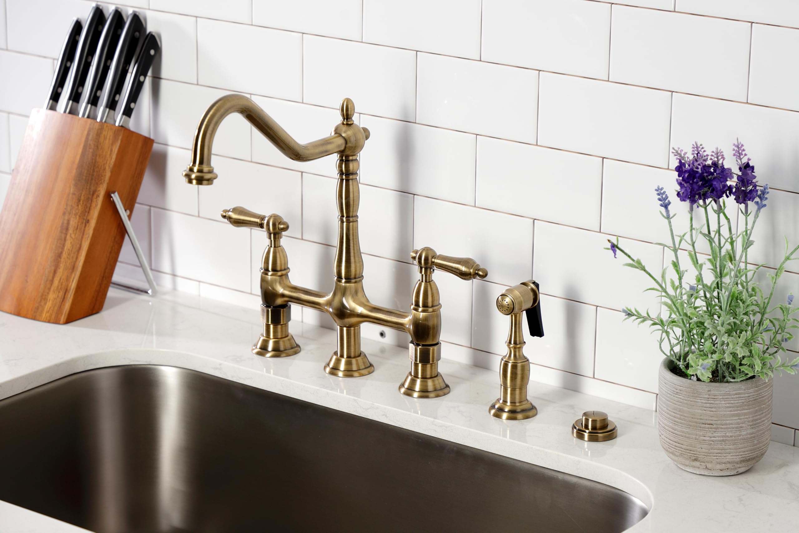 Kingston Brass KS1273ALBS Heritage 8-Inch Kitchen Bridge Faucet with Brass Sprayer - Antique Brass Finish - Perfect for Farmhouse, Vintage & Traditional Kitchen Sinks