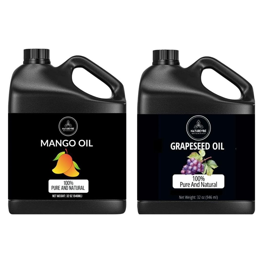Naturevibe Botanicals Organic Mango Oil & Grapeseed Oil Combo - 32oz Each | Cold-Pressed, Unrefined for Hair, Skin & Massage | Perfect for DIY Beauty Recipes & Aromatherapy
