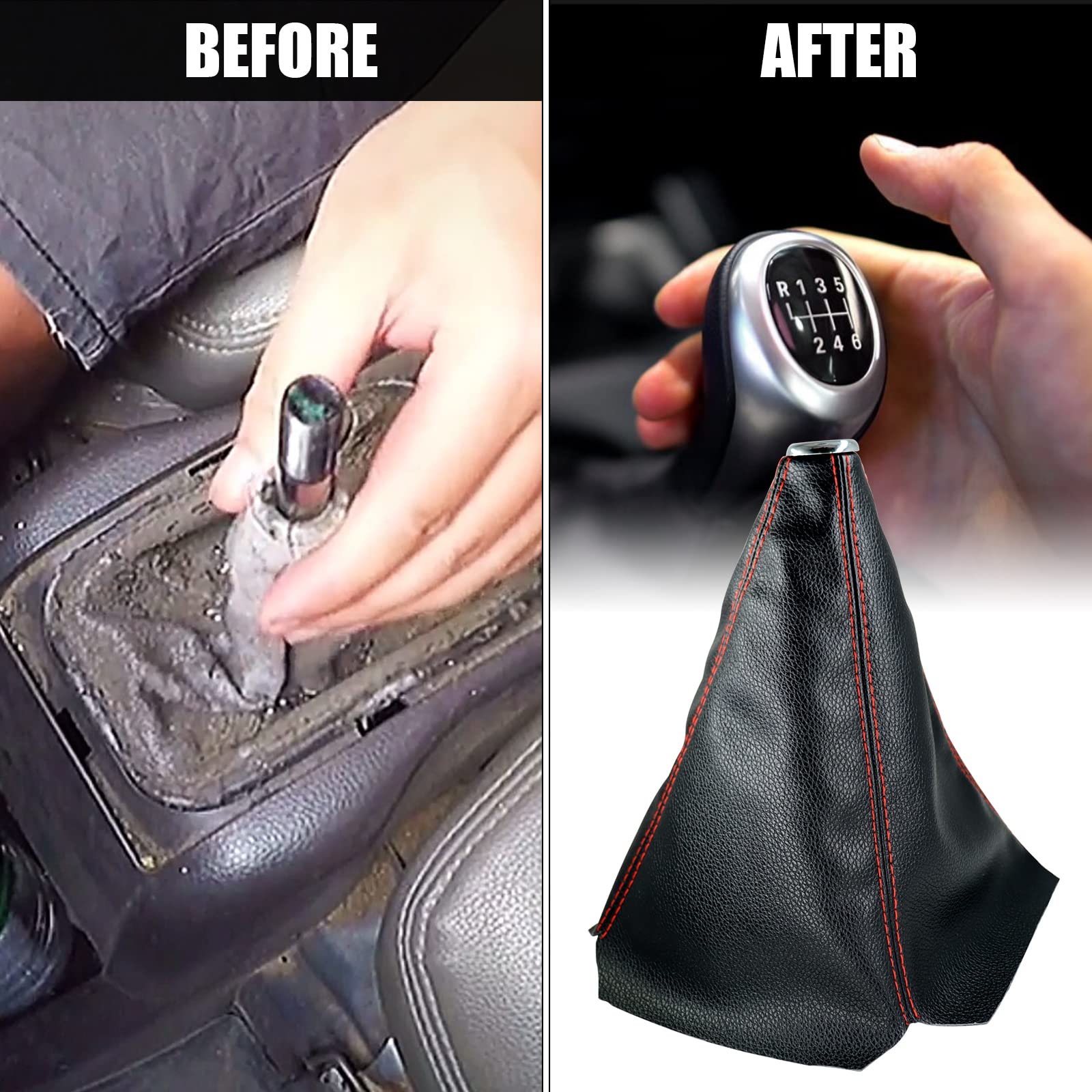Universal Car Shift Knob Dust Cover - Black PU Leather Manual/Automatic Shifter Boot Protector with Red Stitching | Fits Most Vehicles | Perfect for Daily Driving & Car Interior Protection