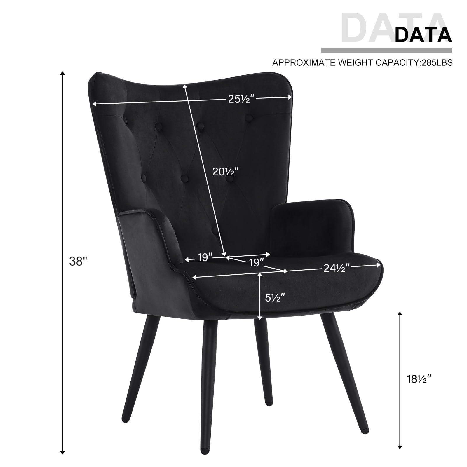 Furnimart Black Velvet Accent Chair - Mid Century Modern Living Room Armchair with Comfortable Cushion | Stylish Wingback Design for Office, Study, Bedroom, Vanity & Waiting Room | Perfect for Relaxing, Reading & Home Decor