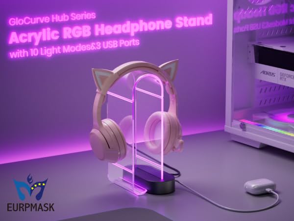 RGB Gaming Headphone Stand with USB Ports - Acrylic Headset Holder with 10 Light Effects, 1 USB-C & 2 USB-A Ports - PC Gaming Accessories for Gamers - Clear Desk Organizer for Gaming Setup, Streaming Station & Home Office