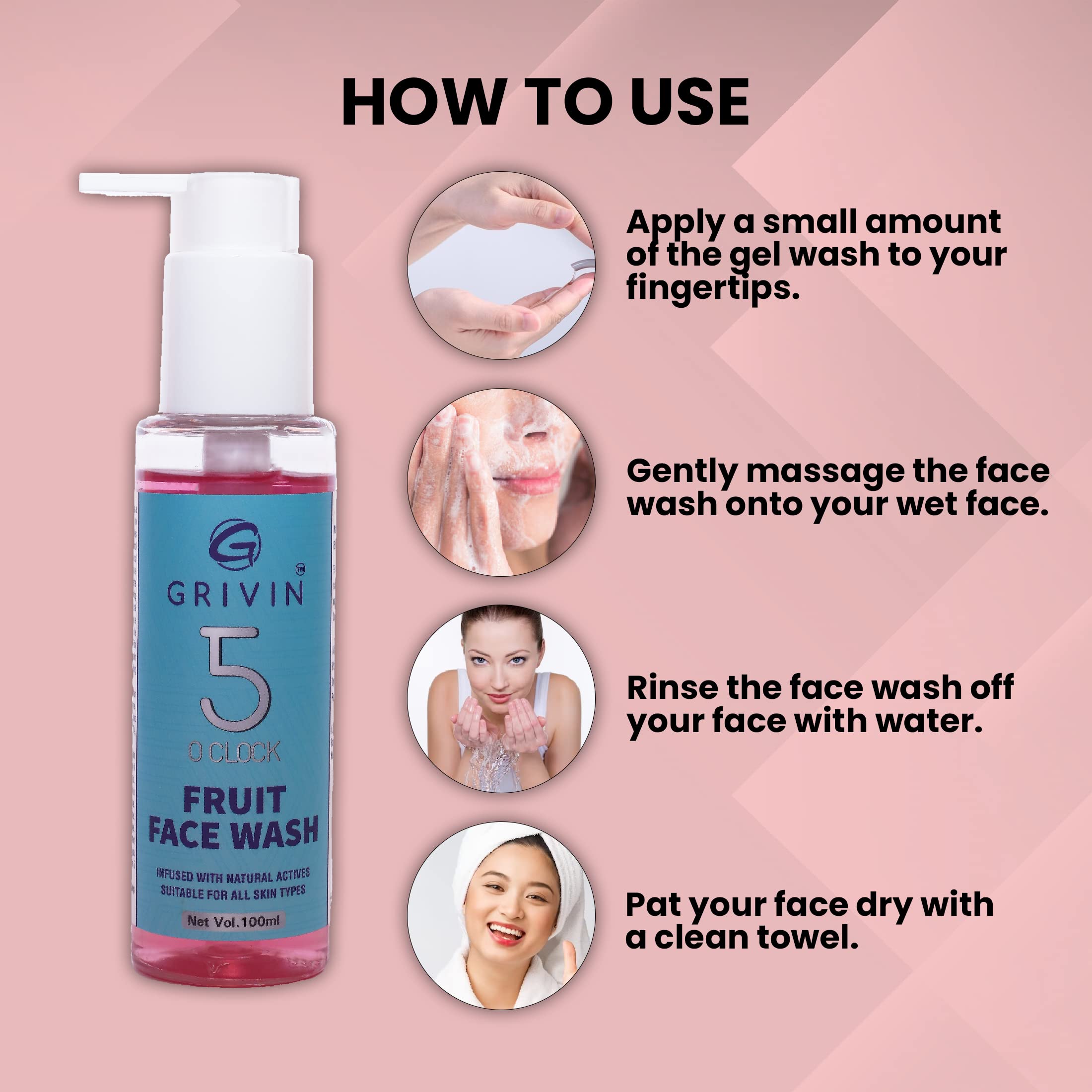 Grivin 5 o’Clock Fruit Face Wash 100ml - Natural Cleanser for Oily & Acne-Prone Skin | Morning & Night Skincare Routine
