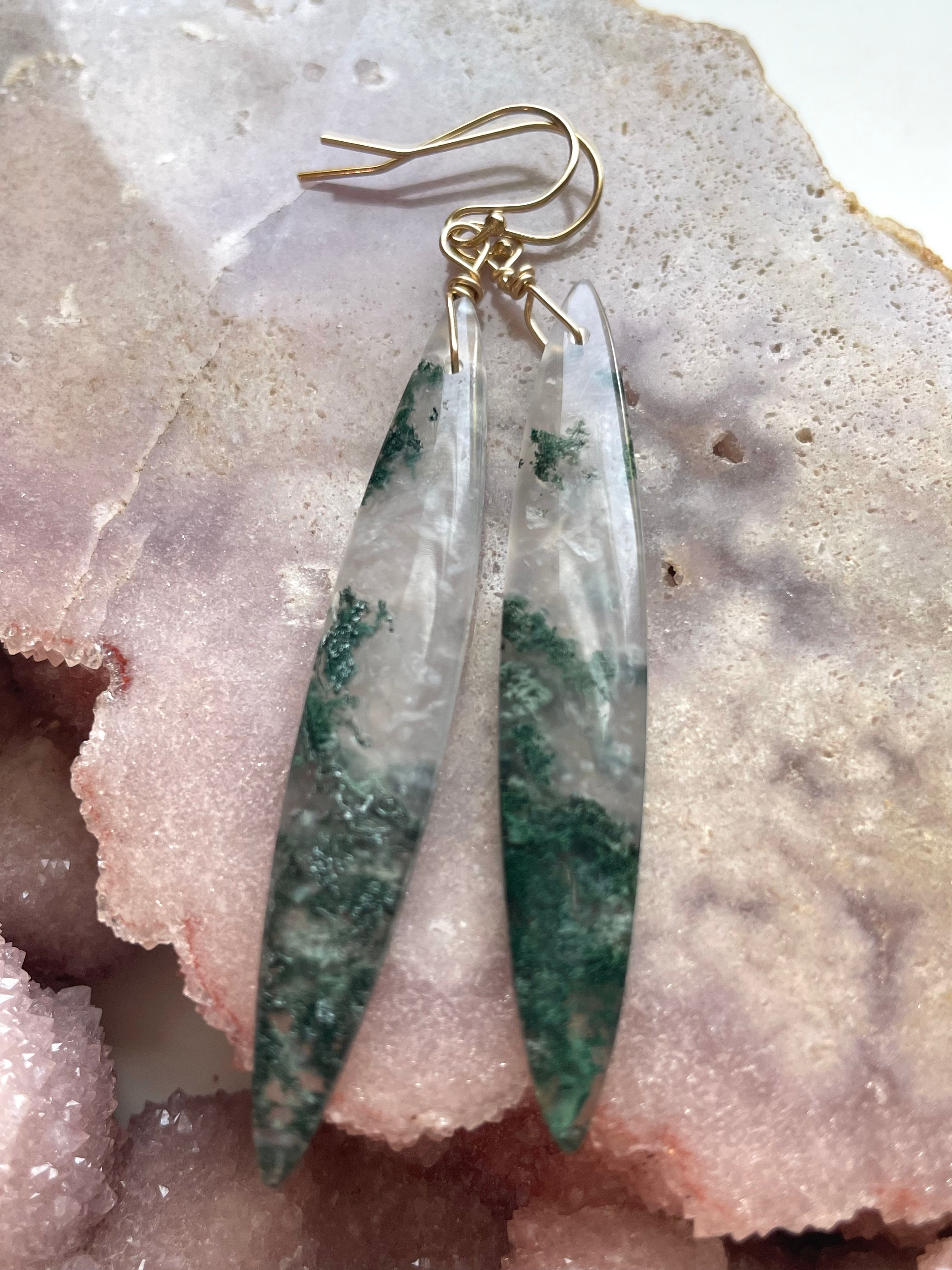 Elegant Moss Agate Dangle Earrings in Gold Fill - Perfect for Boho, Wedding & Evening Wear