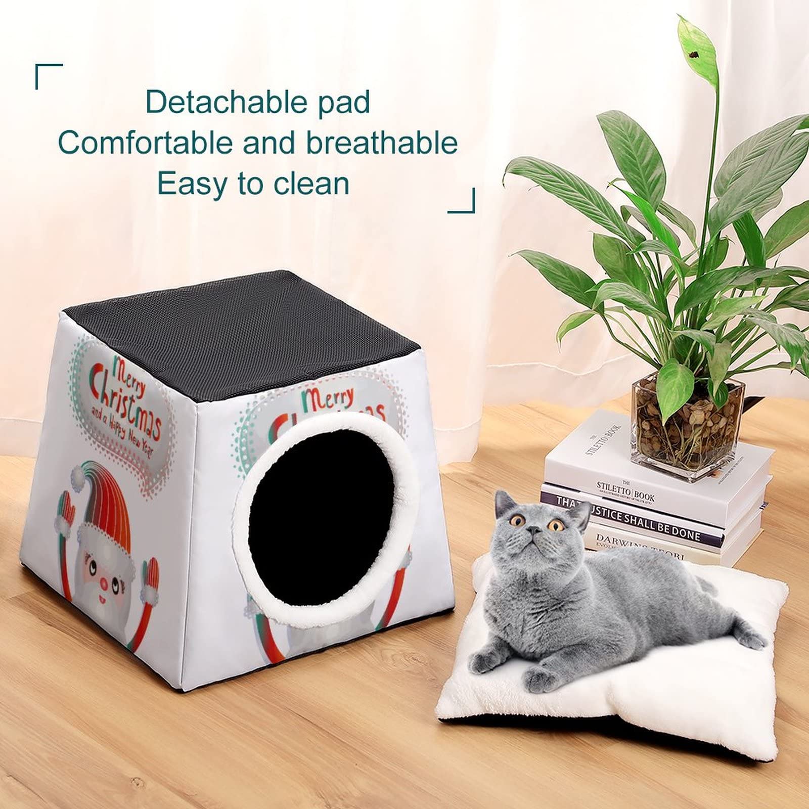 Cozy Printed Cat House Bed with Soft Pillow - Indoor Pet Sofa Cube for Cats & Small Dogs | Perfect for Christmas, New Year Gifts & Home Decor (Red)