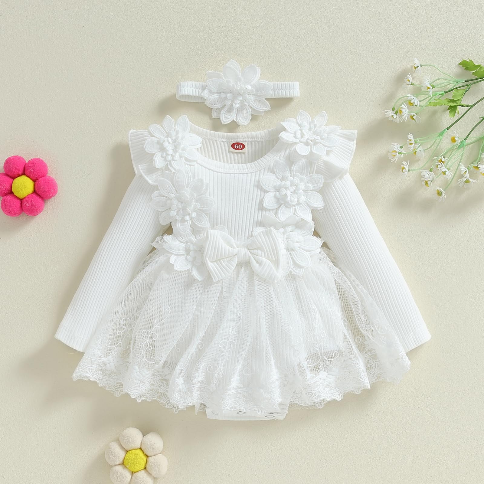 **Baby Girl Princess Birthday Party Dress - Long Sleeve Lace Flower Tutu Romper - Newborn Fall Outfit for Photoshoots, Holidays & Special Occasions**