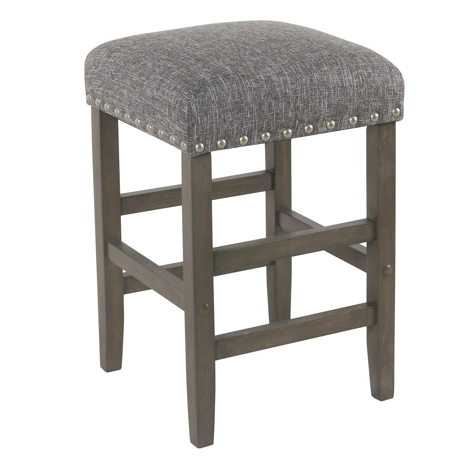 Benjara Gray Wooden Counter Stool with Fabric Padded Seat & Nail Head Trim - Modern Kitchen Island Bar Stools for Dining Room & Home Decor