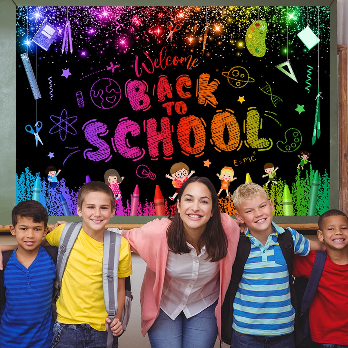 Welcome Back to School Backdrop - First Day of School Decorations for Preschool & Kindergarten Classroom | Black Background Banner for School Photos, Bulletin Boards & Classroom Parties
