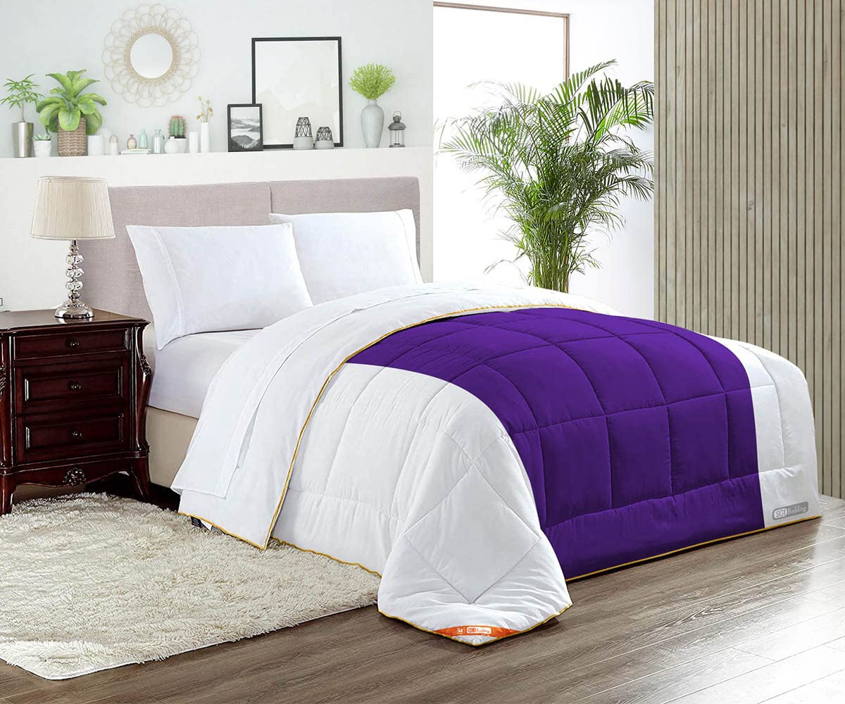 Premium SGI Wyoming King Comforter Set - 300 GSM Plush Siliconized Microfiber Fill, 600 TC Egyptian Cotton Shell, White & Purple Contrast Design with Premium Piping & Matching Pillowcases - Ultra Soft & Fluffy for Luxurious Bedroom Comfort