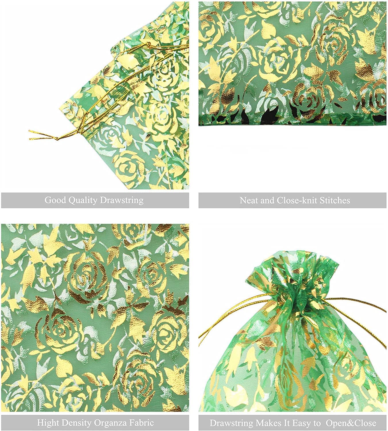 100 Pcs 4x6 Inches Organza Drawstring Potli Bags - Small Gift Pouches for Wedding Favors, Party Giveaways, Baby Shower, Dry Fruits & Jewelry (Green Floral Design) - Perfect for Indian Weddings, Bridal Showers & Festive Celebrations