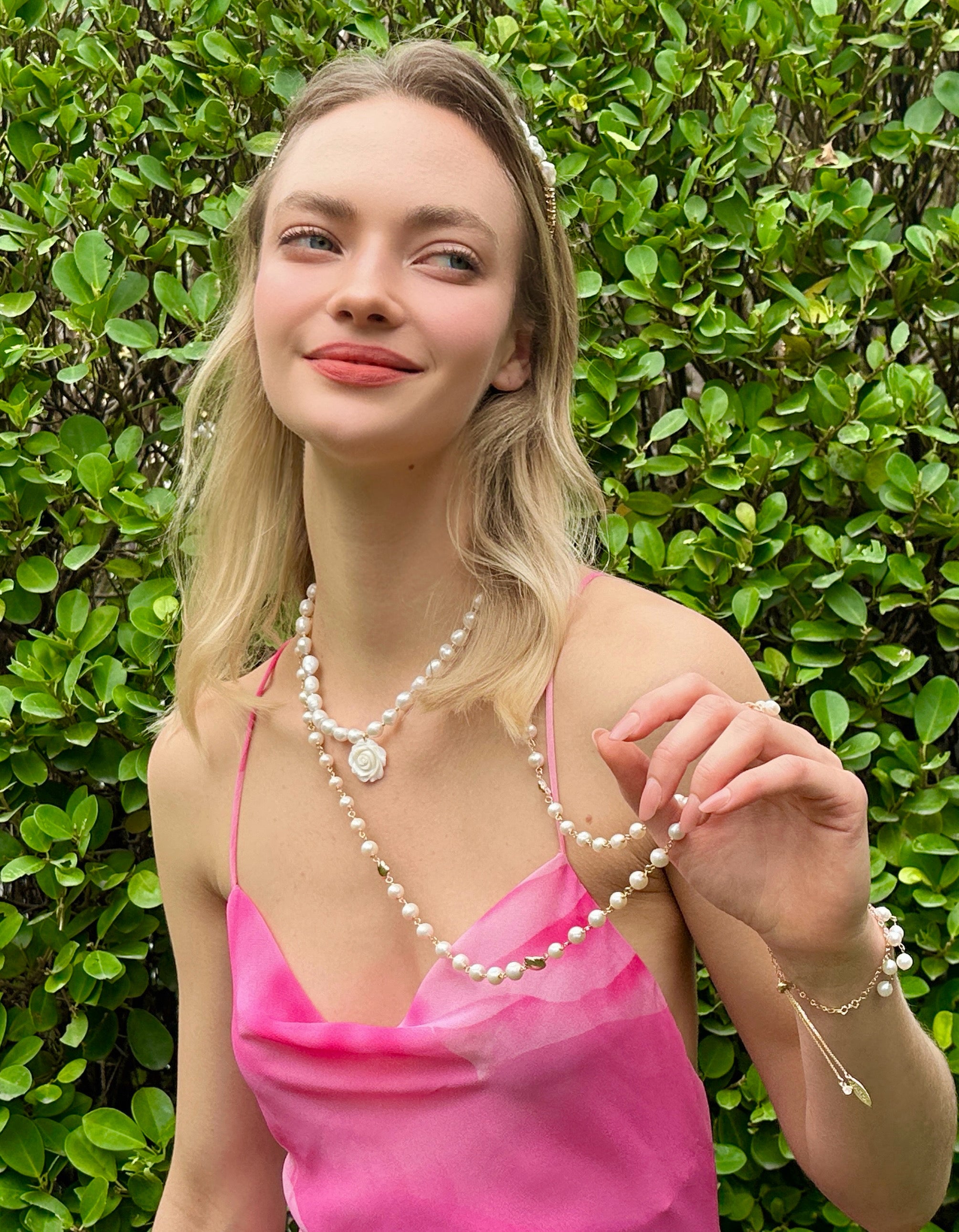 Elegant Freshwater Pearl Necklace with White Rose Flowers - Timeless Long Pearl Jewelry for Women - Perfect for Weddings, Parties & Special Occasions