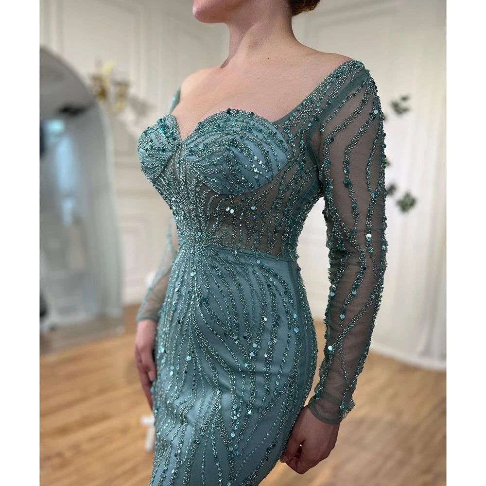 Elegant Arabic Turquoise Mermaid Evening Gown with Beaded Details & High Split - Women's Formal Dress for Wedding, Party & Special Occasions - Serene Hill LA72093