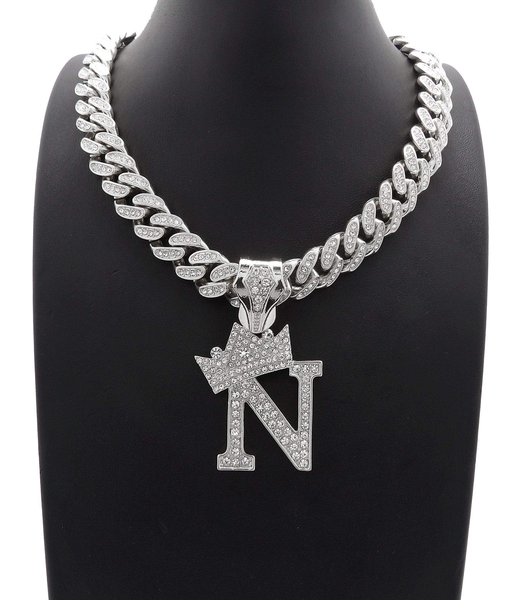 NYFASHION101 Iced Out Initial Pendant Necklace - 12mm Miami Cuban Chain with Stone Stud Crown - Perfect for Gifts, Parties & Hip-Hop Fashion