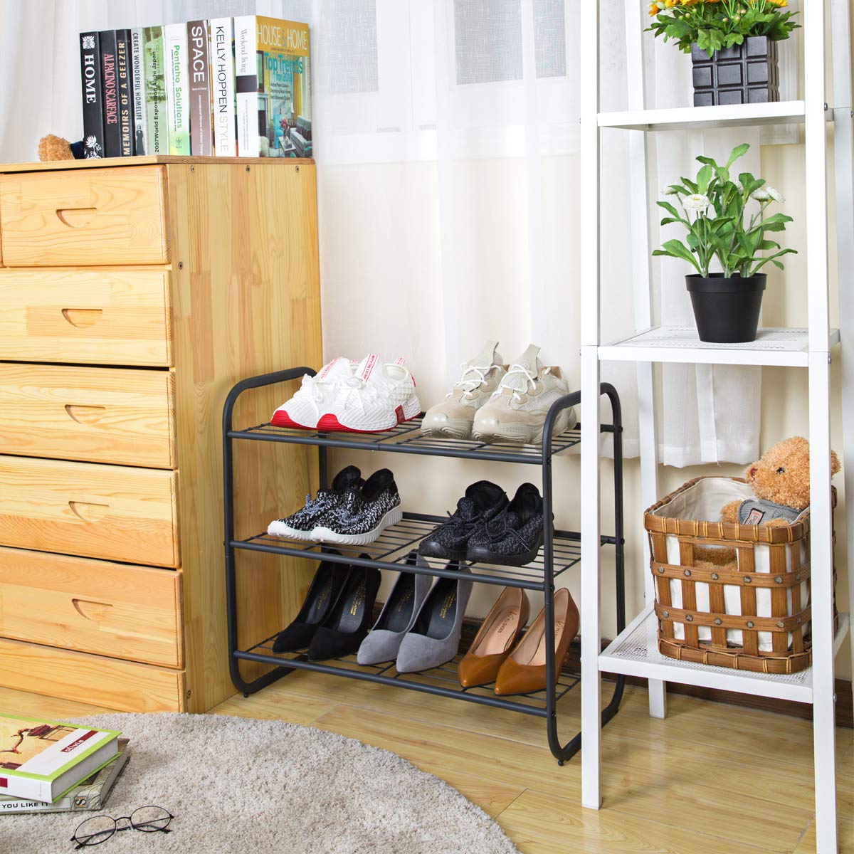 MAX Houser 3-Tier Metal Shoe Rack - Sturdy Free Standing Shoe Storage Organizer with Wire Grid Design - Space Saving Shoe Tower for Closet, Bedroom, Entryway - Gunmetal Finish - Perfect for Small Spaces & Shoe Organization