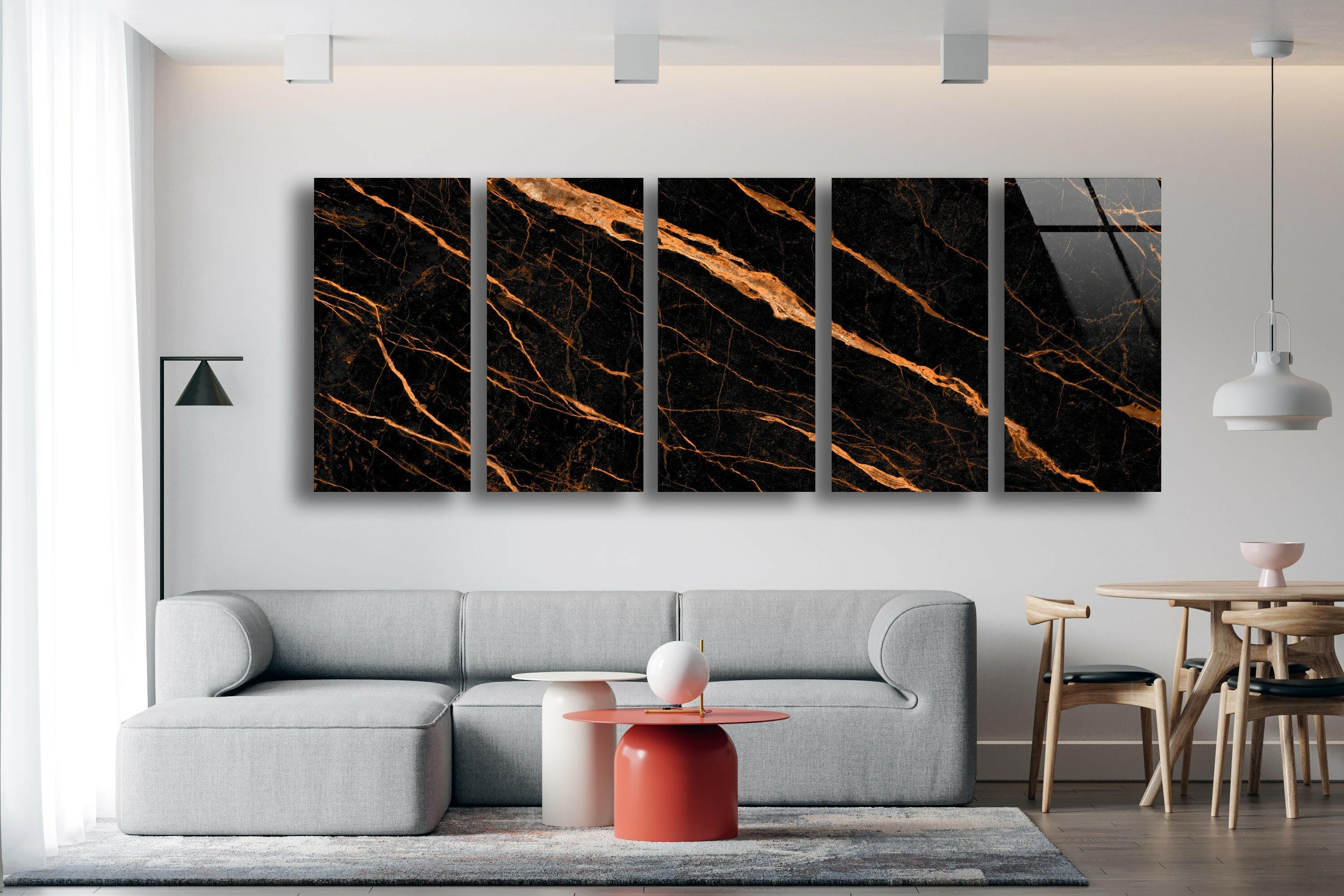 Black Marble with Orange Veins Glass Wall Art - Modern Abstract Home Decor for Living Room, Bedroom & Office - Shatterproof Tempered Glass Wall Hanging