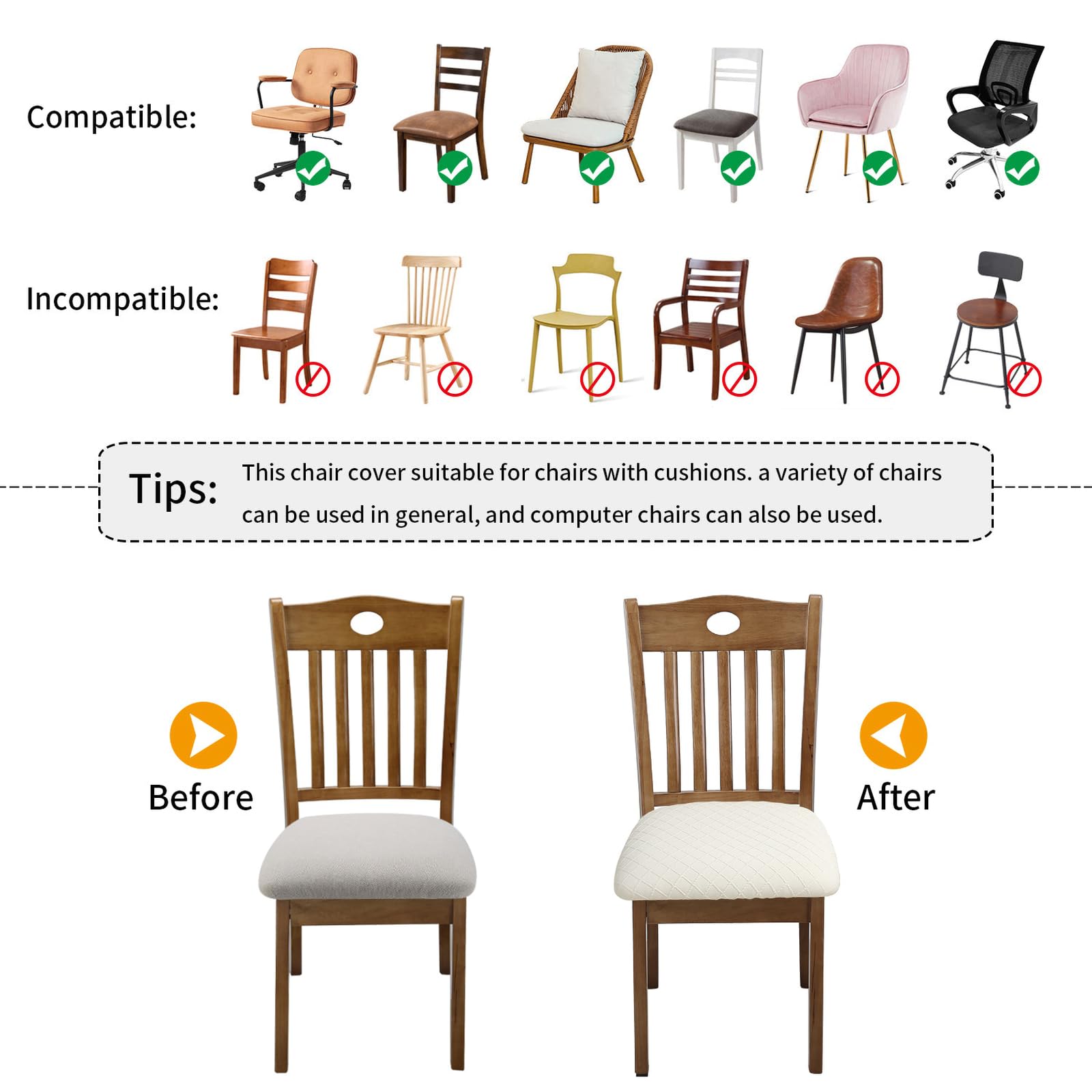 Stretch Jacquard Dining Chair Covers Set of 4 - Washable & Removable Slipcovers with Anti-Dust Protection - Beige Seat Cushion Covers for Kitchen, Dining Room, Office & Outdoor Chairs