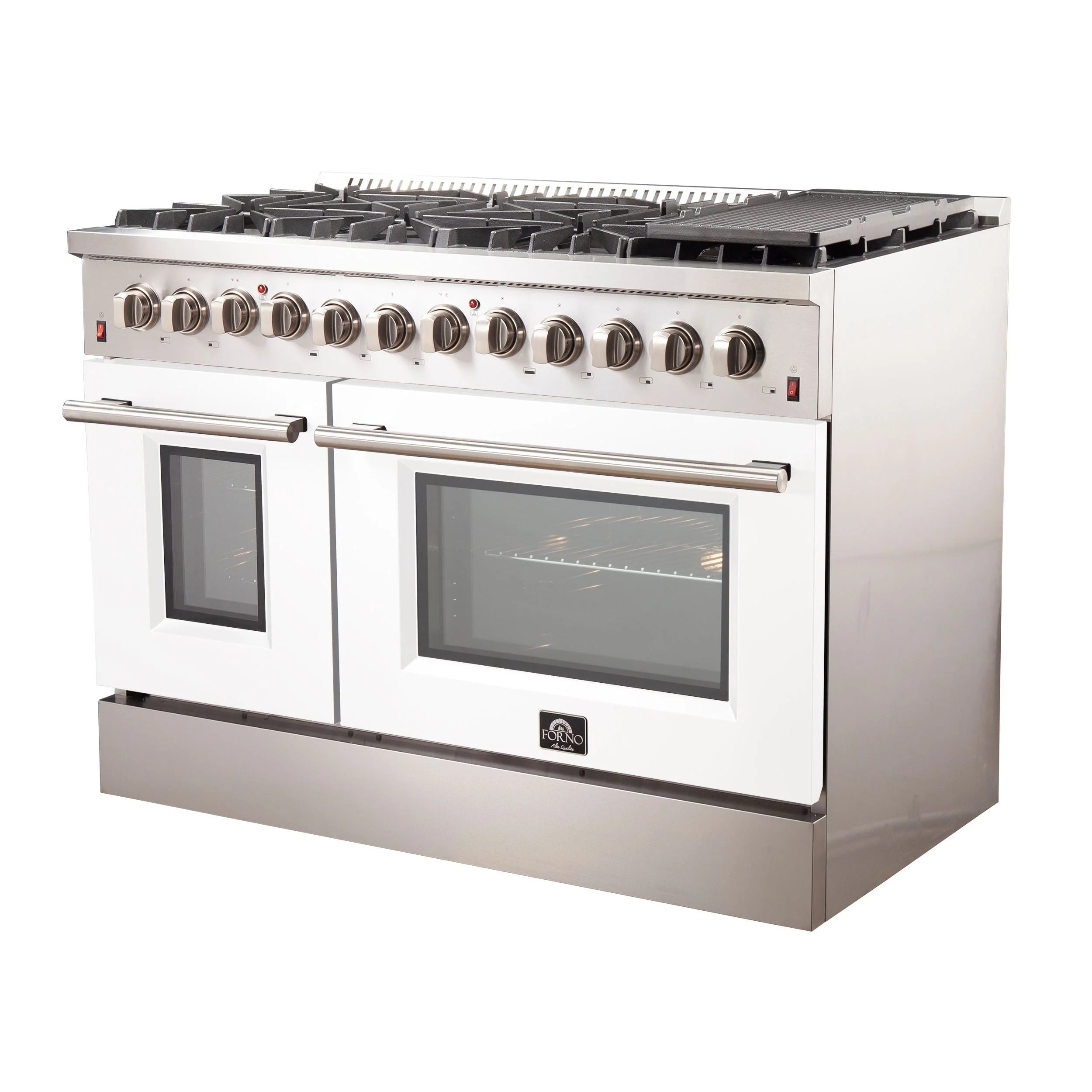 FORNO Galiano 48 Inch Dual Fuel Range with 6 Burners - Stainless Steel & White Finish (Model FFSGS6156 48WHT) - Perfect for Home Kitchens, Restaurants & Professional Chefs