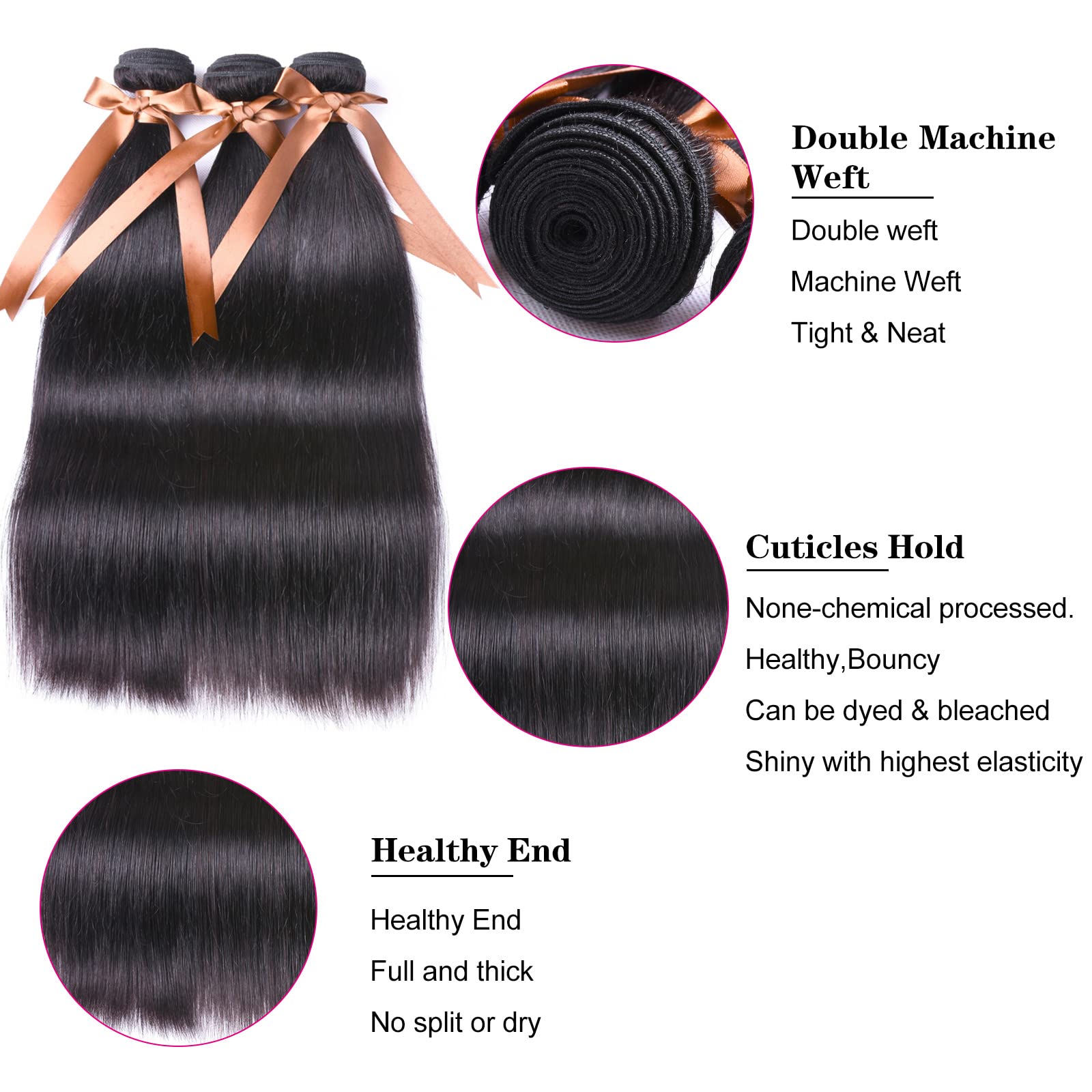ALLRUN 100% Unprocessed Brazilian Straight Virgin Human Hair Bundles with Closure - 3 Bundles + Free Part (22, 24, 26 Inches + 20