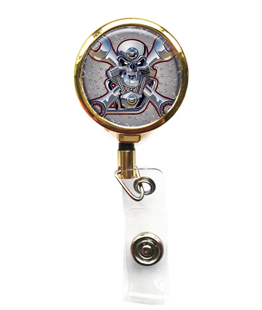 RhyNSky Motorcycle Biker Skull Business ID Card Holder - Retractable Badge Reel with Belt Clip - Gold Name Tag (C1333) - Perfect for Security Guards, Events & Workplace Identification