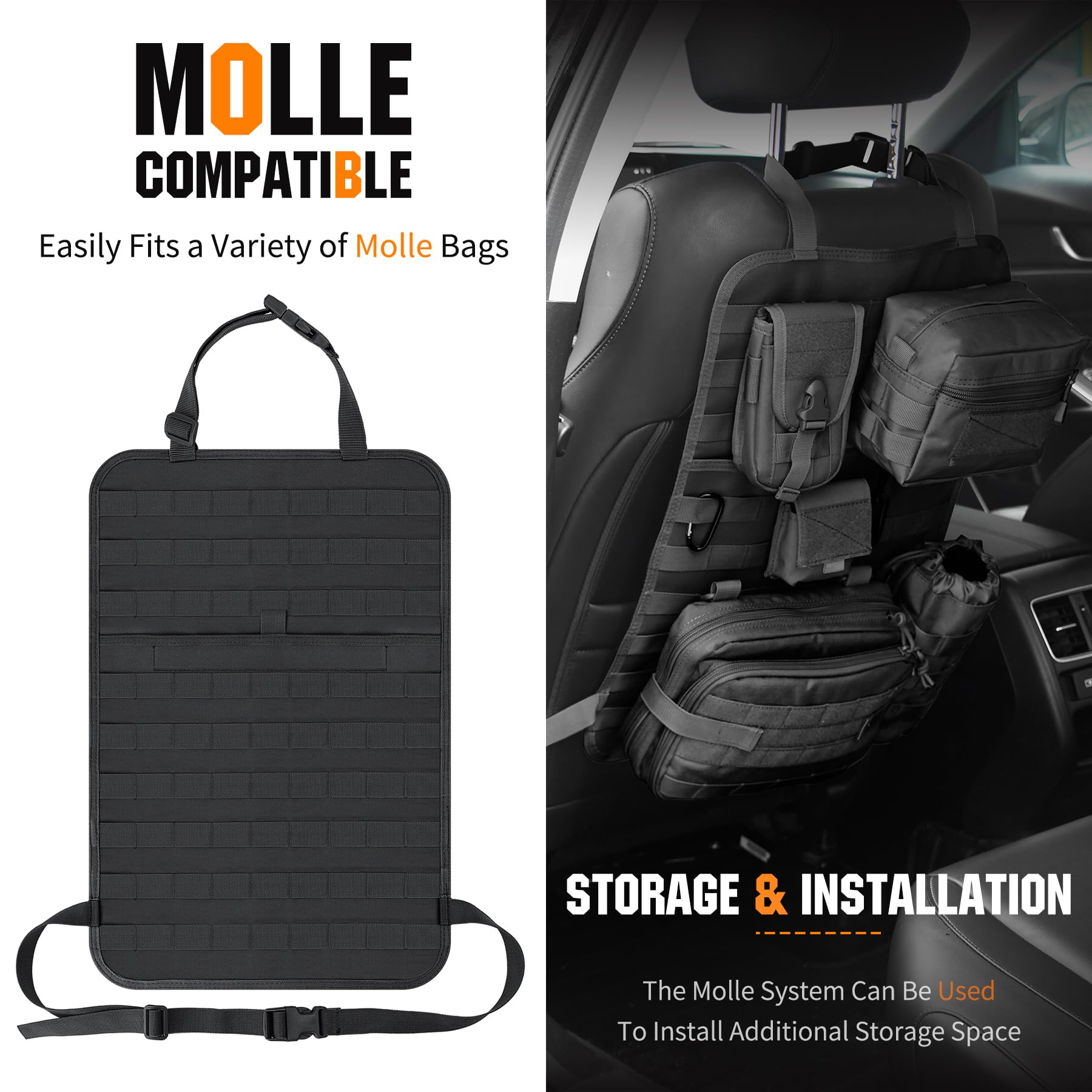 IronSeals 2 Pack Car Seat Back Organizer - Tactical MOLLE Panel Vehicle Seat Cover Protector with Sag Proof Design, Durable Nylon Car Seat Hanger Bag for SUV, Truck & Minivan - Perfect for Road Trips, Camping & Family Travel