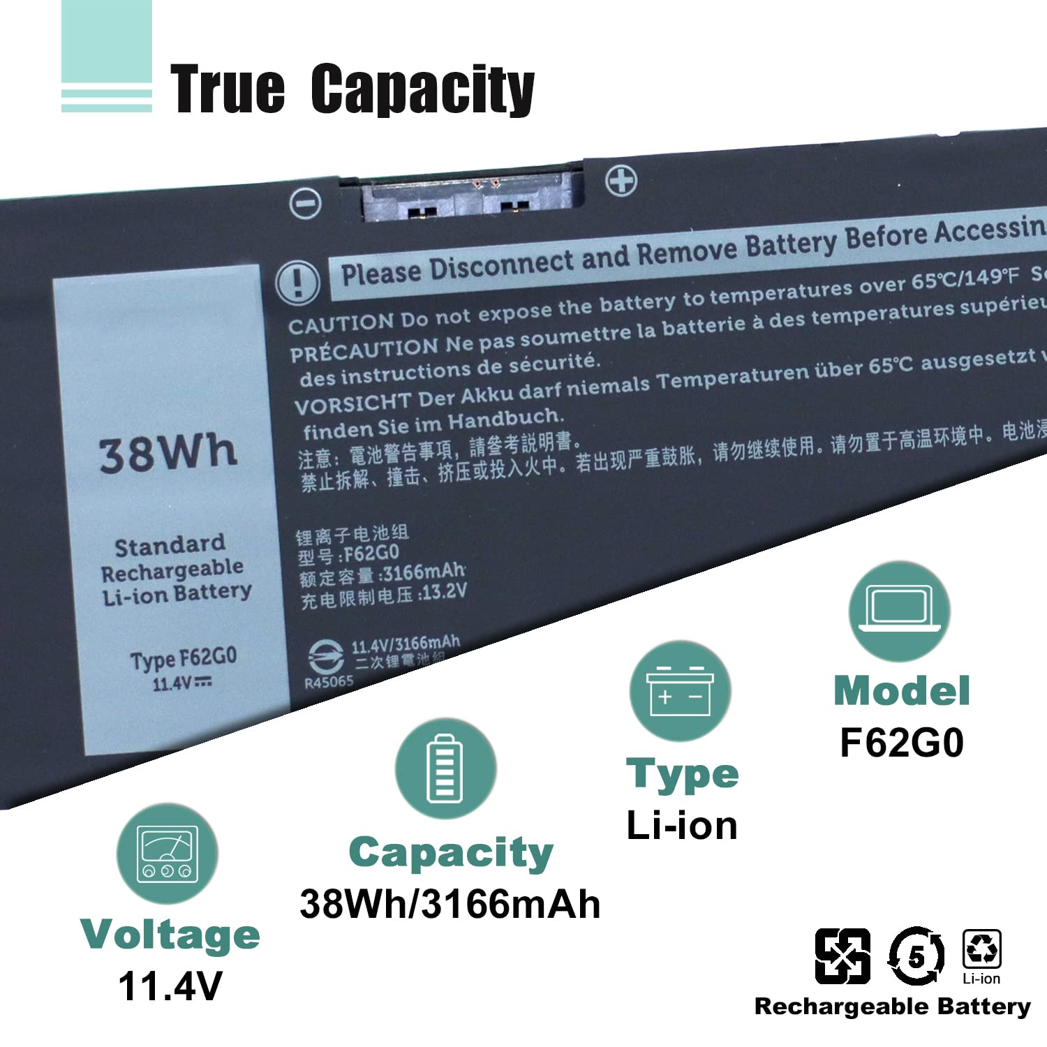 Original Battery 38WH F62G0 39DY5 Replacement for Dell Inspiron 13 7000 Series & Vostro 13 5000 Series Laptops - Perfect for Work, Travel & Home Office Use