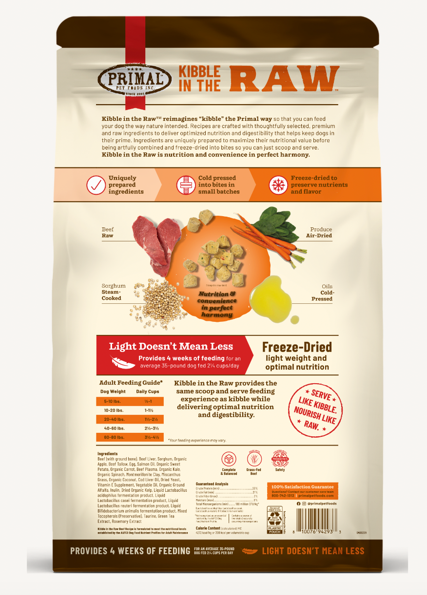 Primal Kibble In the Raw Beef Dog Food - High Protein Grain-Free Dry Dog Food for All Breeds & Ages | Perfect for Active Dogs, Training Treats & Meal Toppers